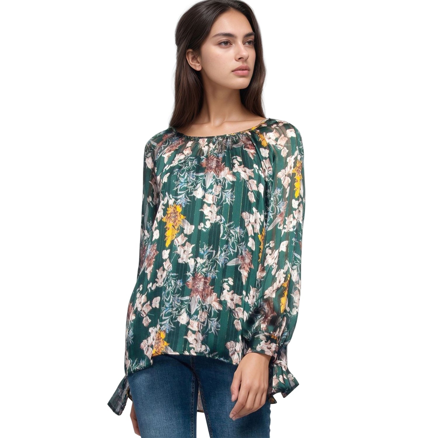 Pleione Women's Sheer Printed Blouse With Self-Tie Sleeve