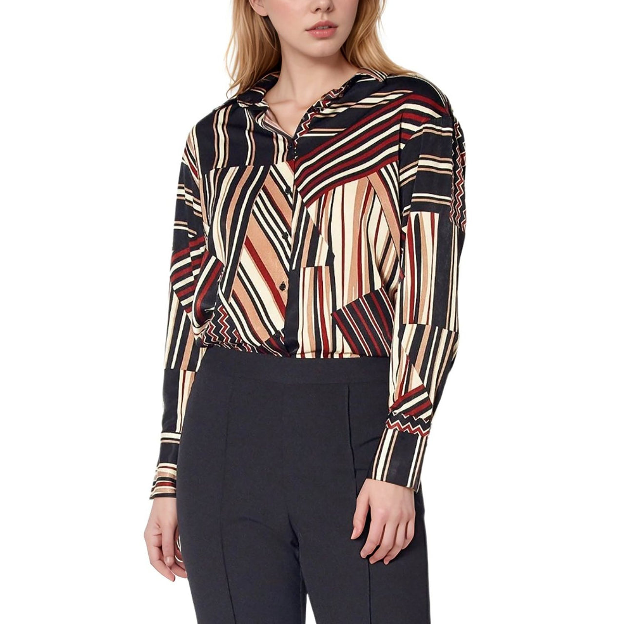 Pleione Women's Multi Stripe Button Up Blouse