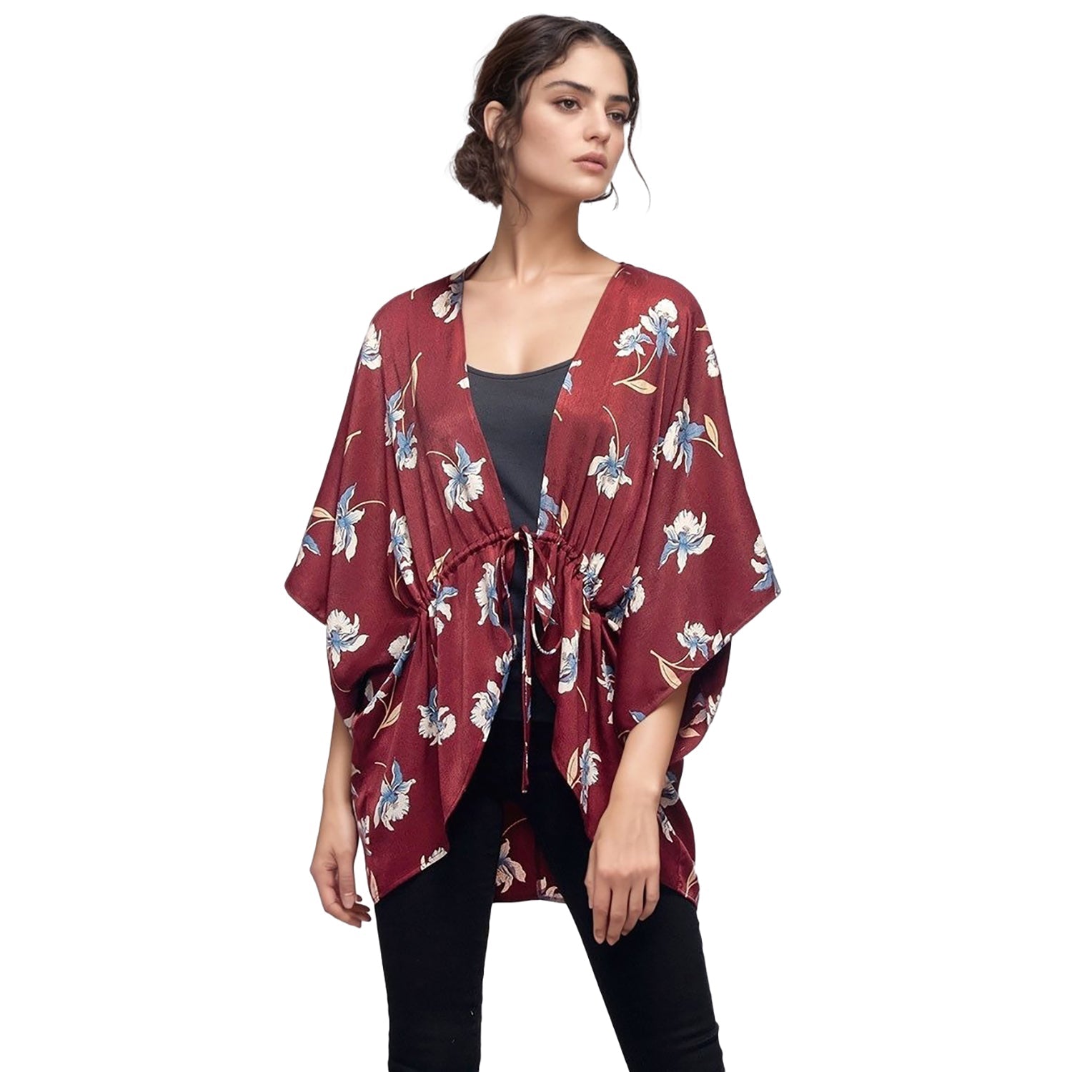 Pleione Women's Floral Batwing Kimono Cardigan in Burgundy