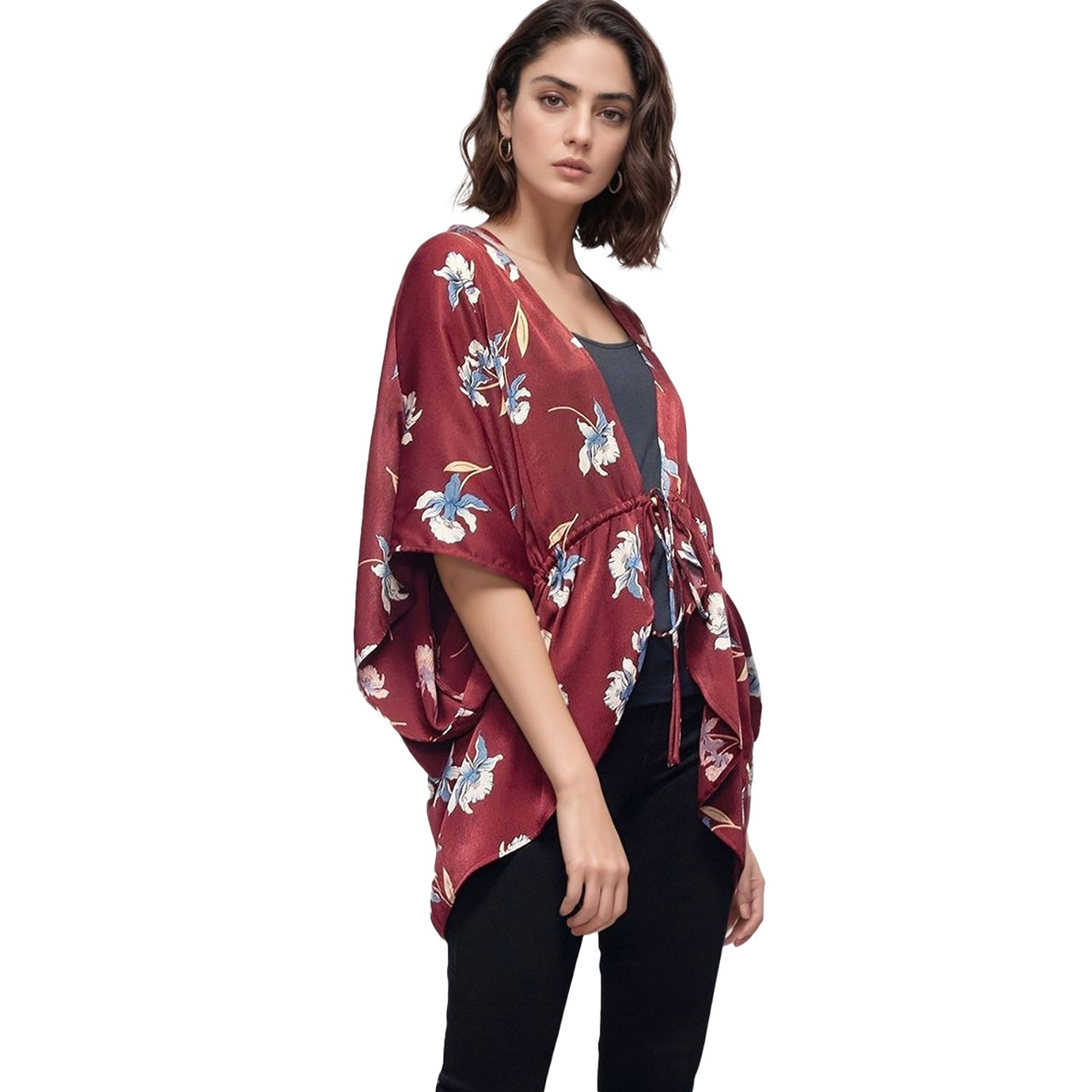 Pleione Women's Floral Batwing Kimono Cardigan in Burgundy