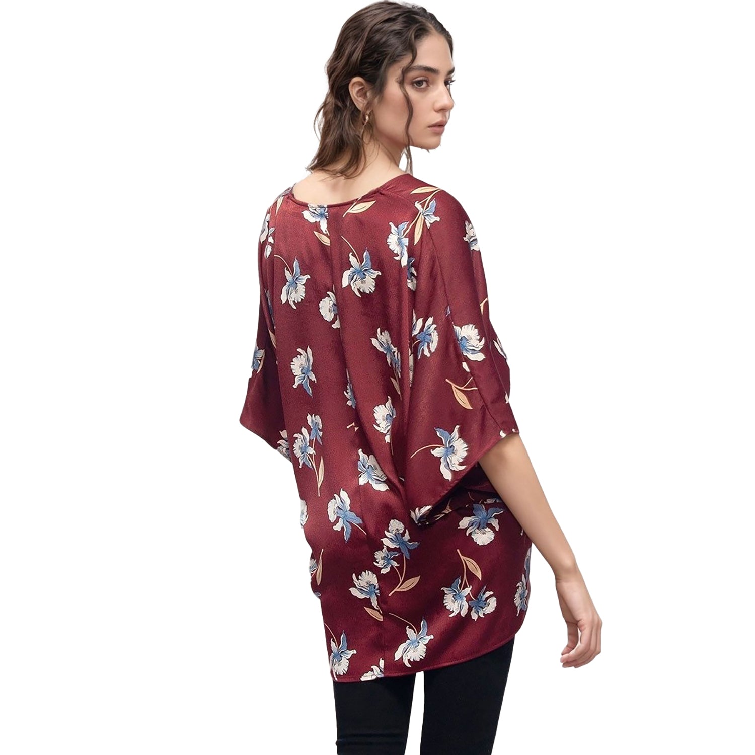 Pleione Women's Floral Batwing Kimono Cardigan in Burgundy