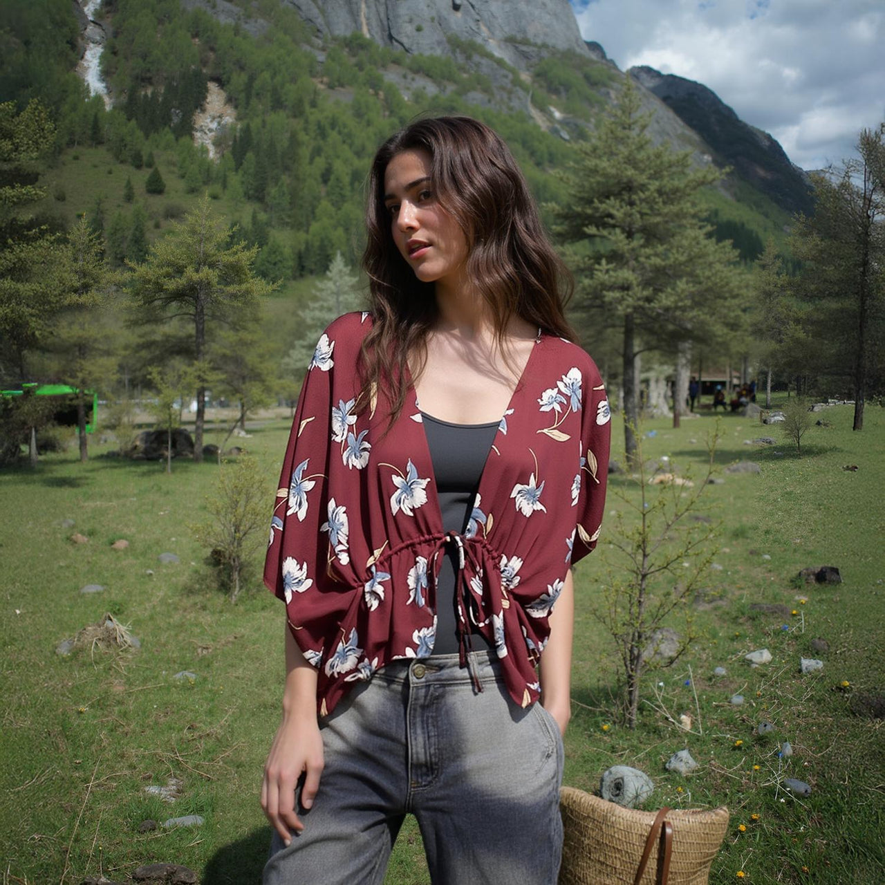 Pleione Women's Floral Batwing Kimono Cardigan in Burgundy