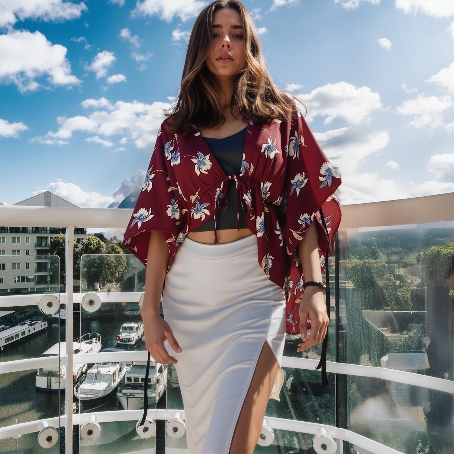 Pleione Women's Floral Batwing Kimono Cardigan in Burgundy