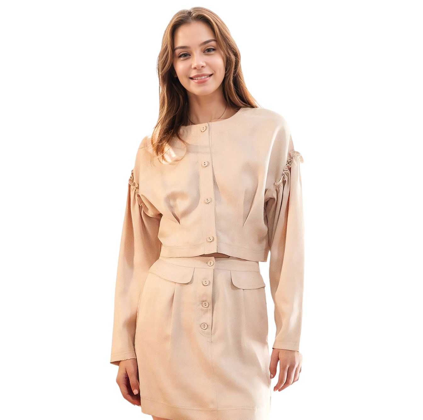 Women's Button Front Long Sleeve Crop Top in Sand