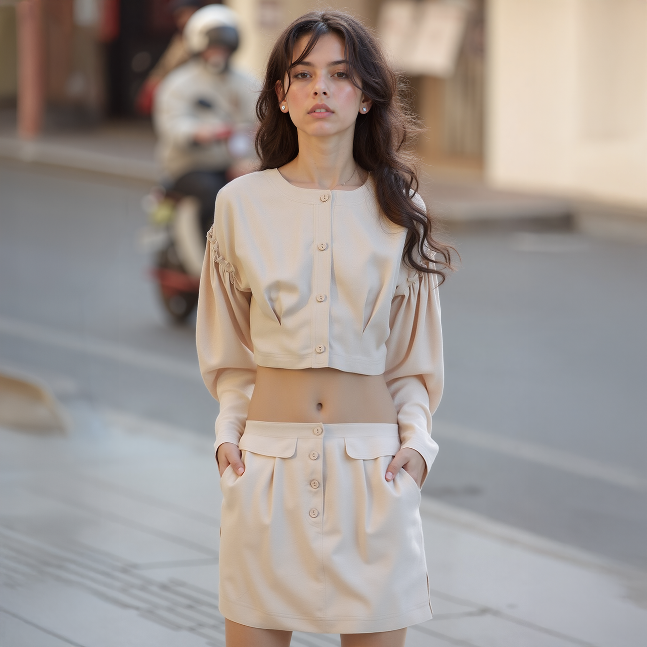 Women's Button Front Long Sleeve Crop Top in Sand