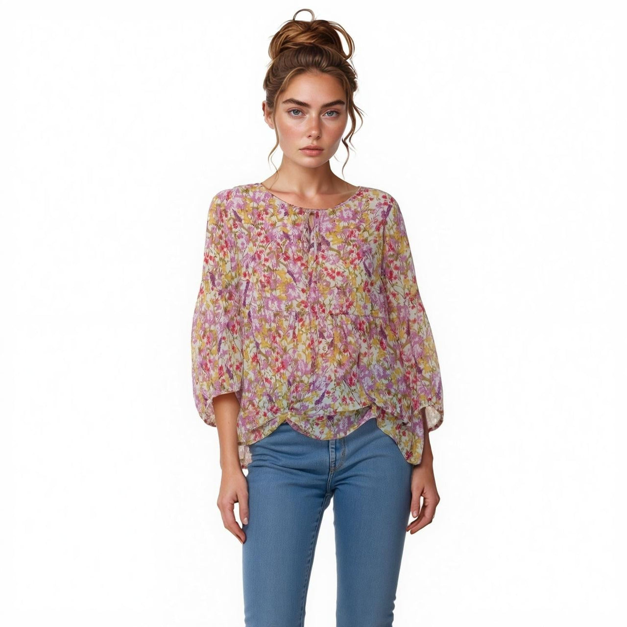 Pleione Women's Tie Neck Floral Blouse
