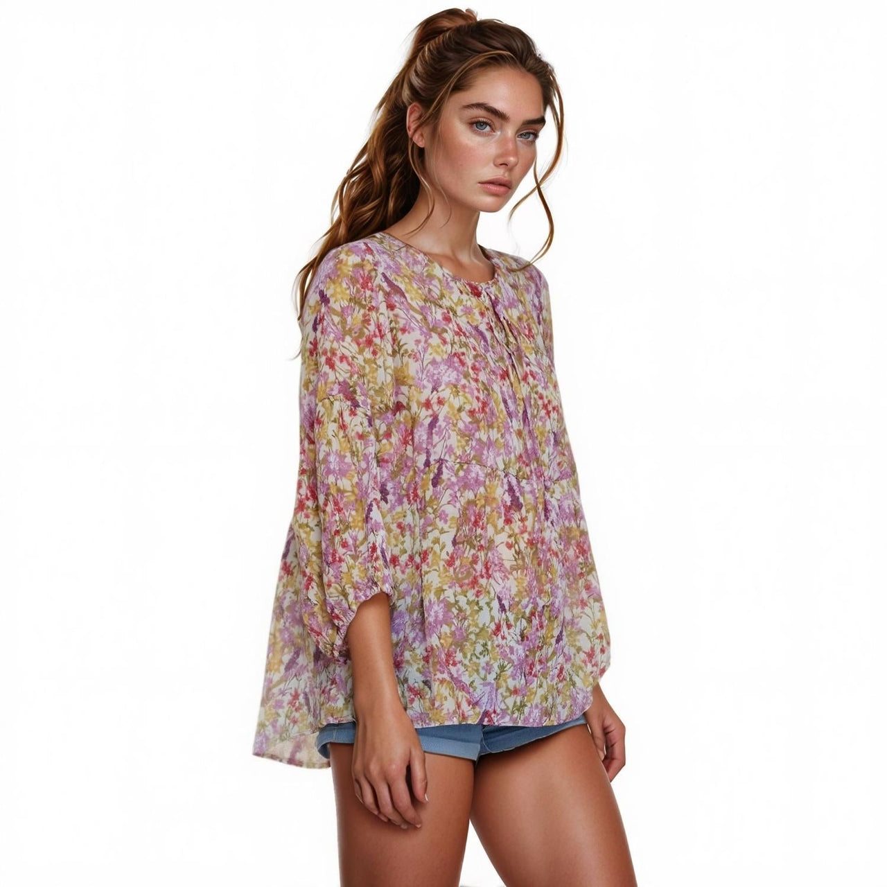 Pleione Women's Tie Neck Floral Blouse