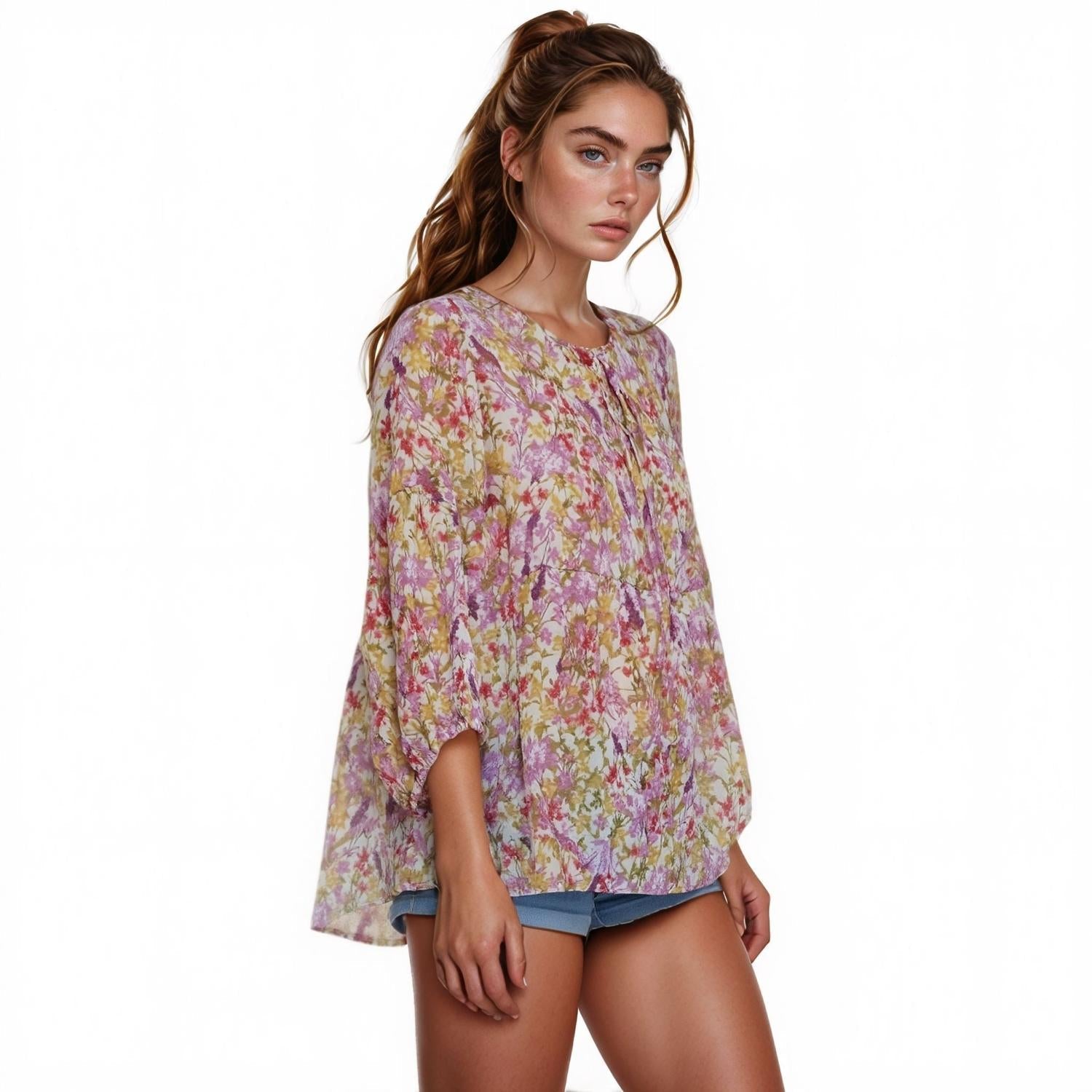 Pleione Women's Tie Neck Floral Blouse