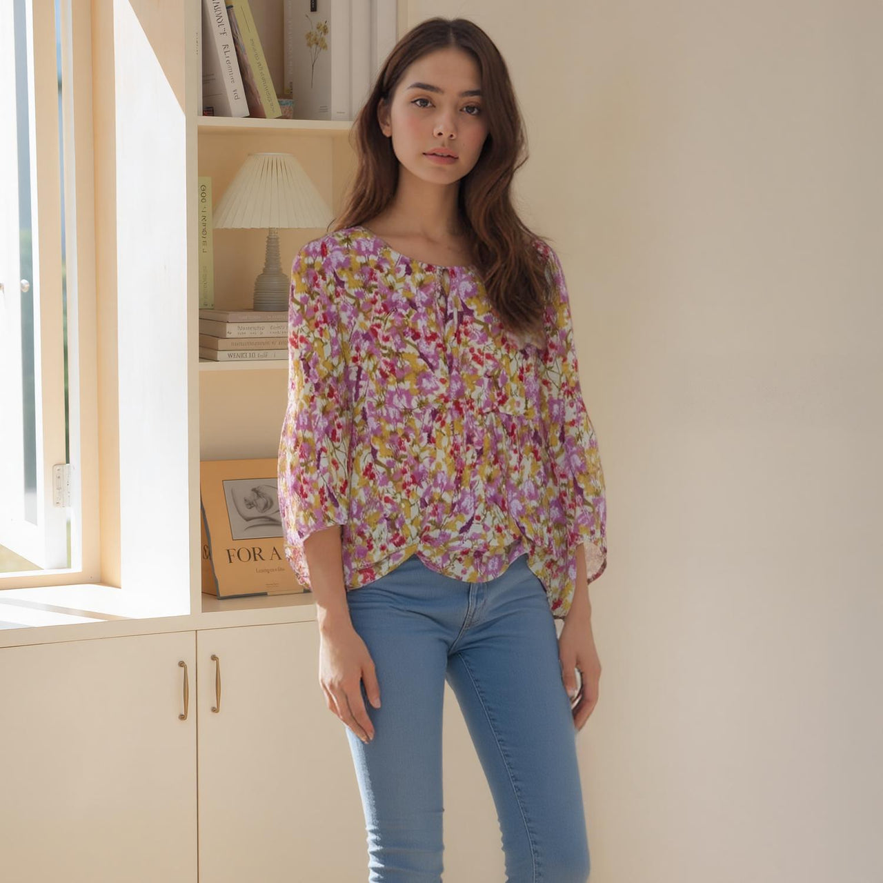 Pleione Women's Tie Neck Floral Blouse