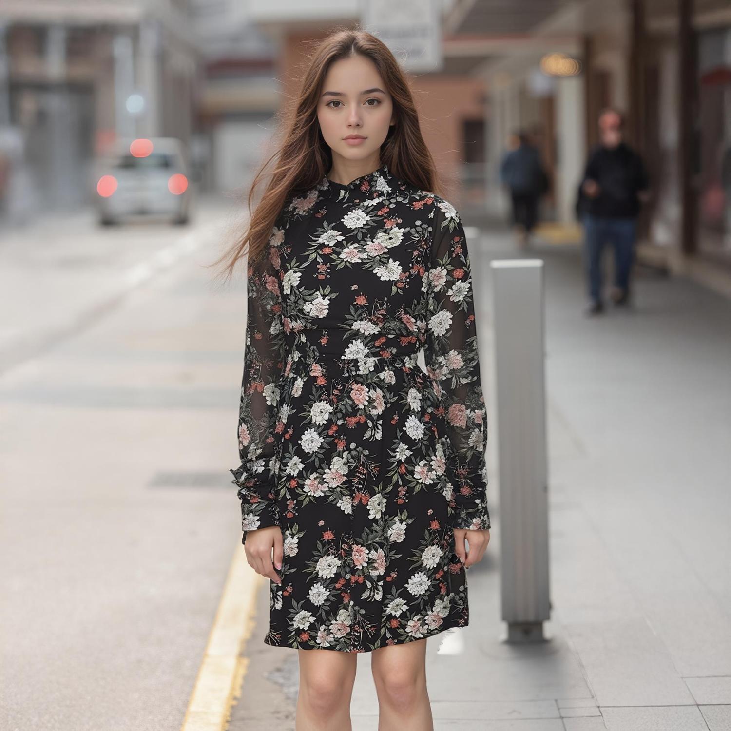 Pleione Floral Smocked Mock Neck Dress in Black