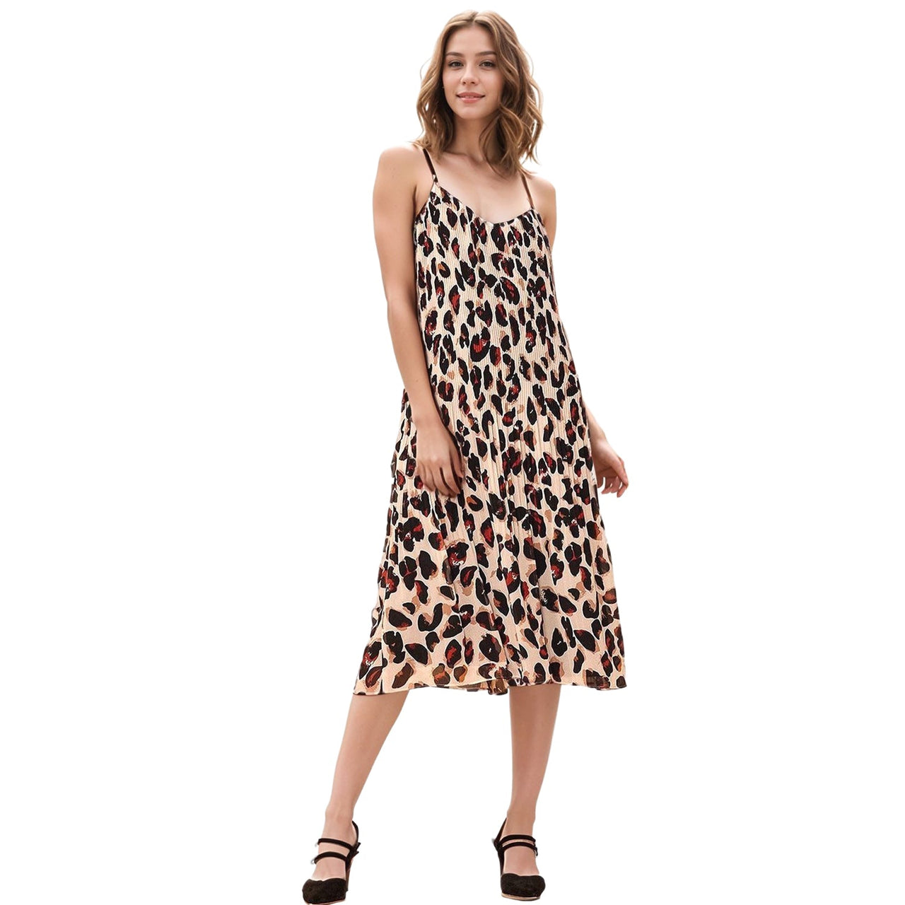 Women's Pleated Cami Dress in Leopard Sketch