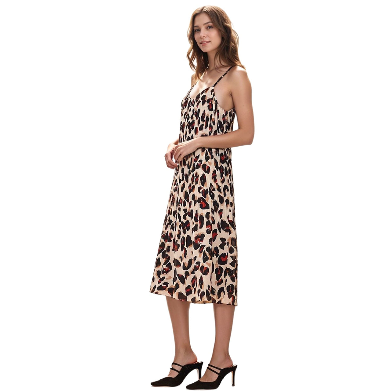 Women's Pleated Cami Dress in Leopard Sketch