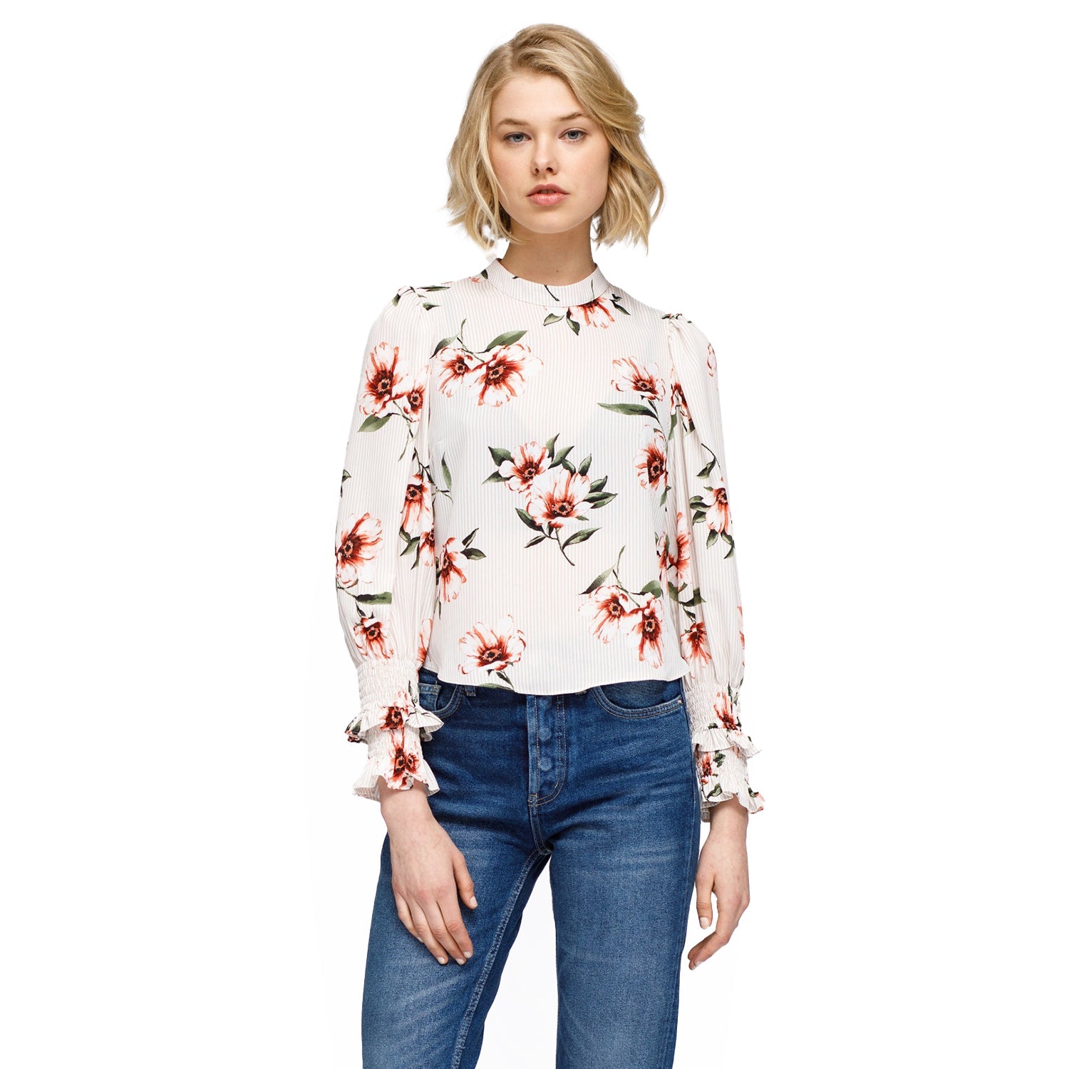 Women's Rust Flower Mock Neck Smocked Sleeve Blouse In Taupe