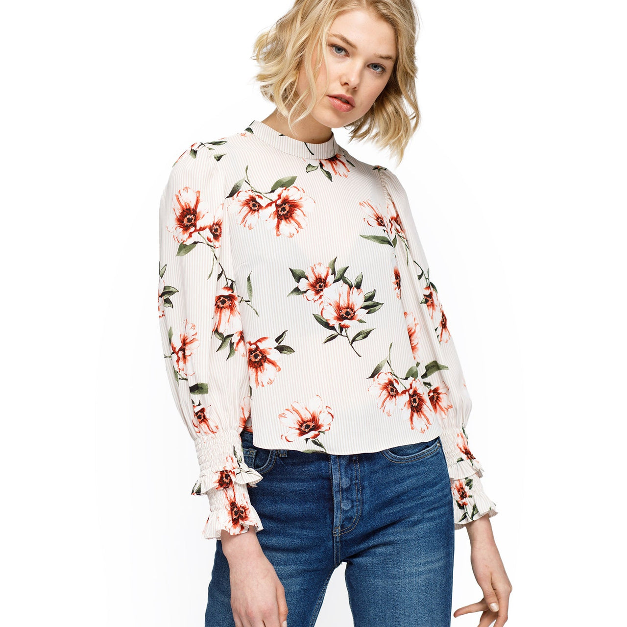 Women's Rust Flower Mock Neck Smocked Sleeve Blouse In Taupe