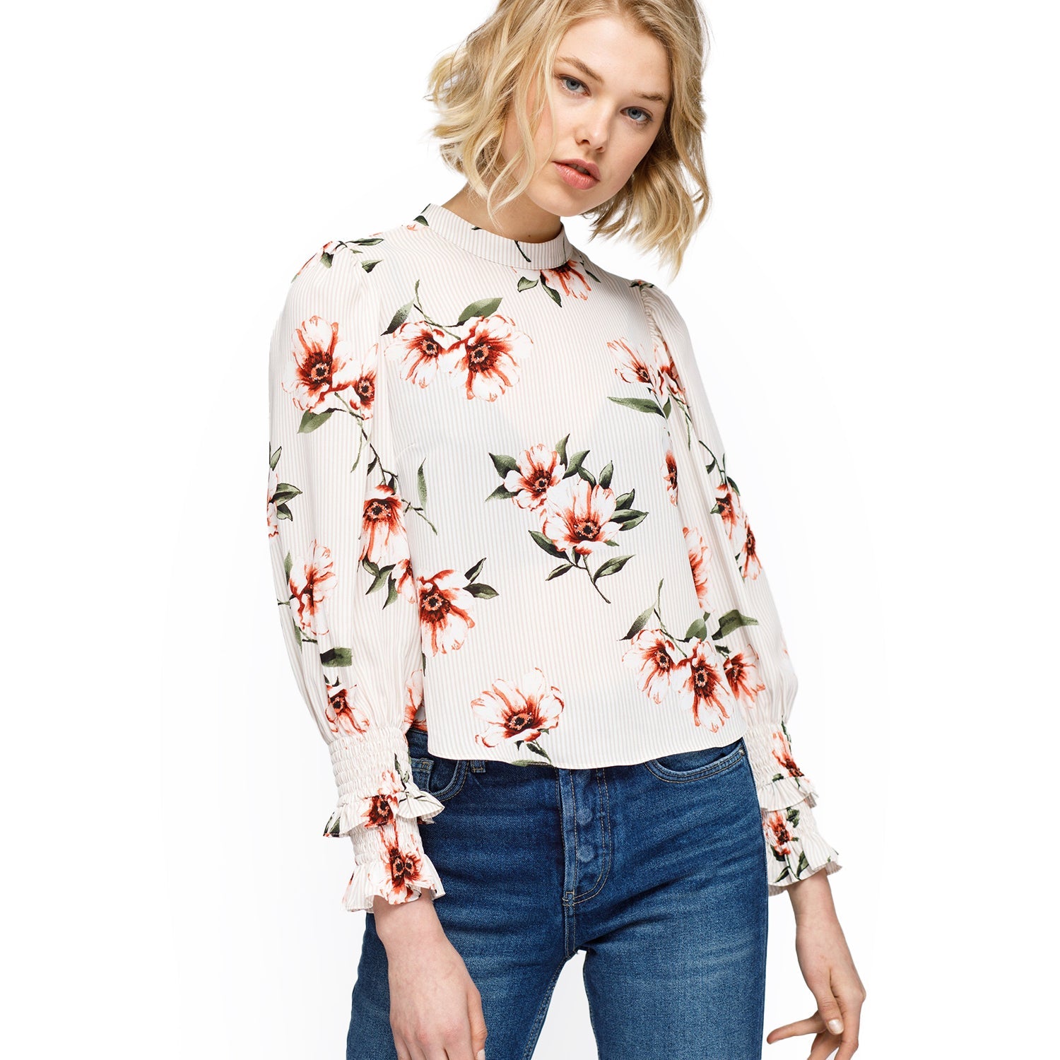 Women's Rust Flower Mock Neck Smocked Sleeve Blouse In Taupe
