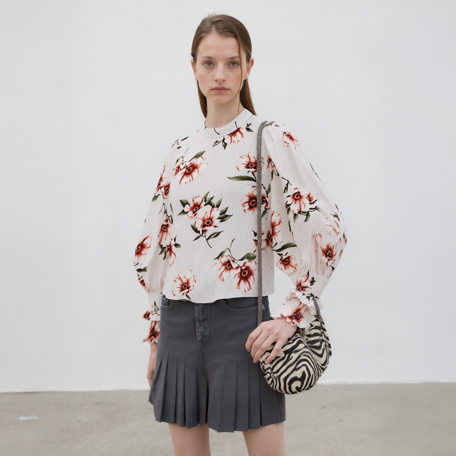 Women's Rust Flower Mock Neck Smocked Sleeve Blouse In Taupe