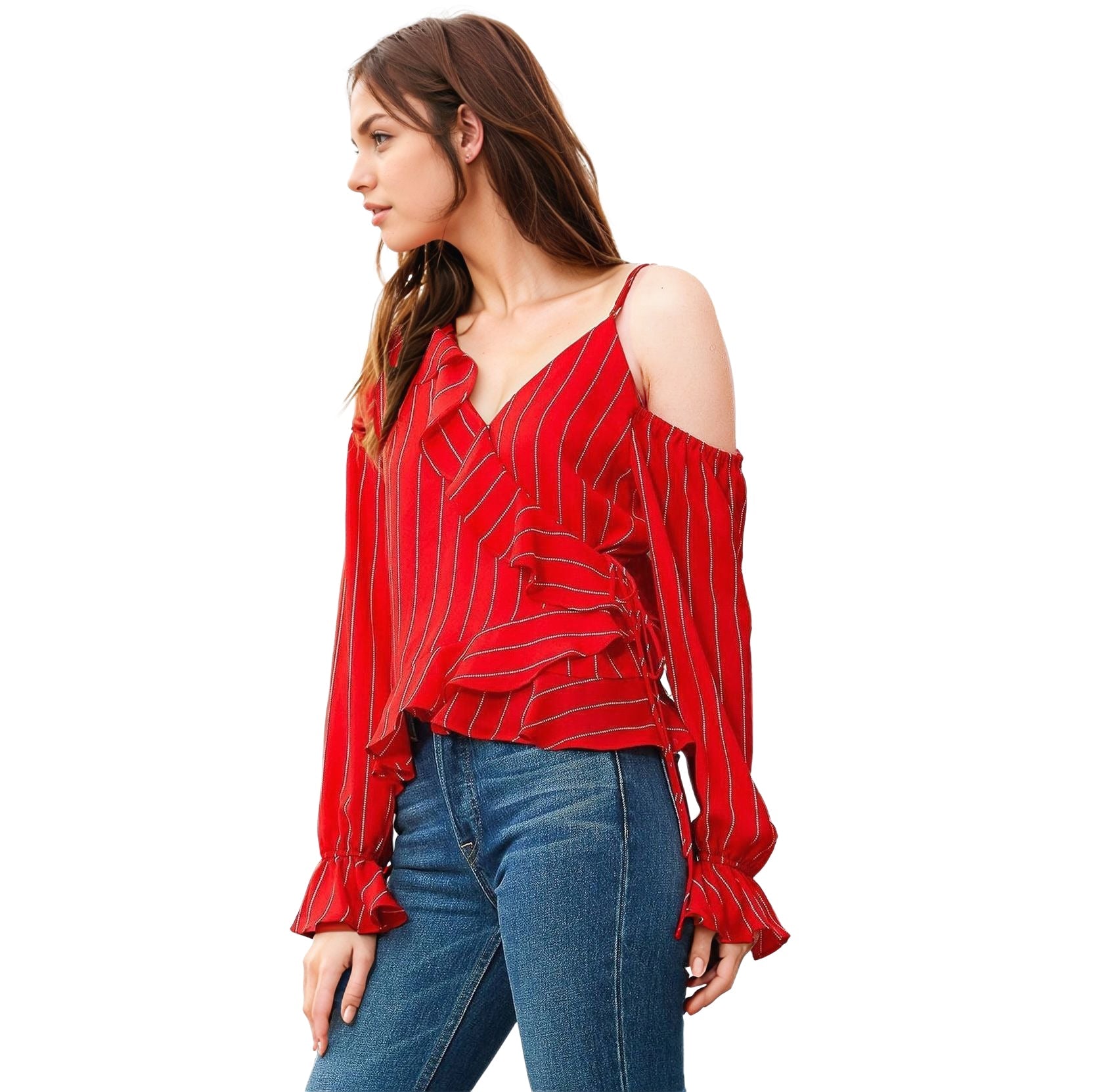 Women's Asymmetrical Shoulder Ruffle Blouse in Red