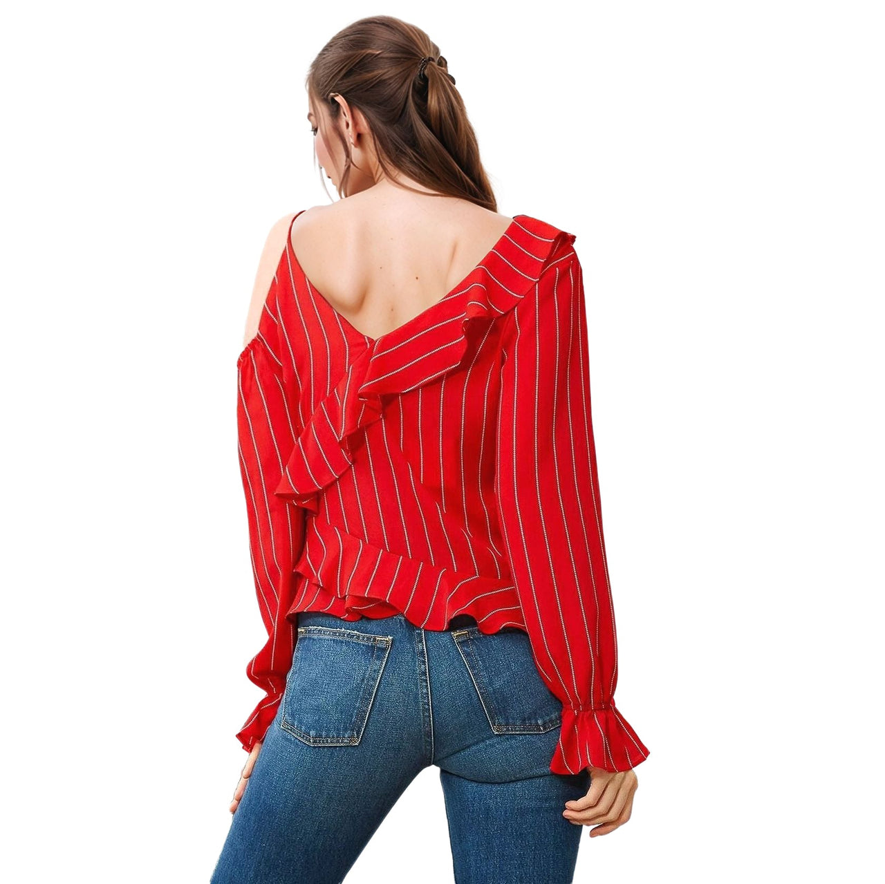 Women's Asymmetrical Shoulder Ruffle Blouse in Red