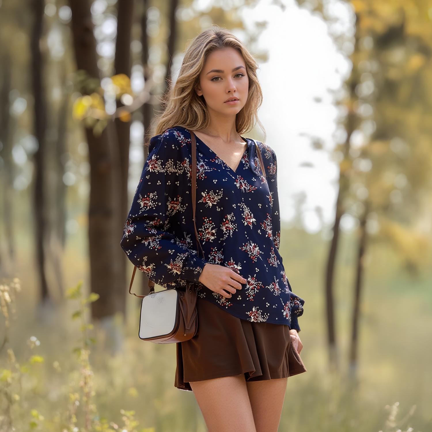 Pleione Printed V-Neck Smock Wrist Blouse in Navy Floral