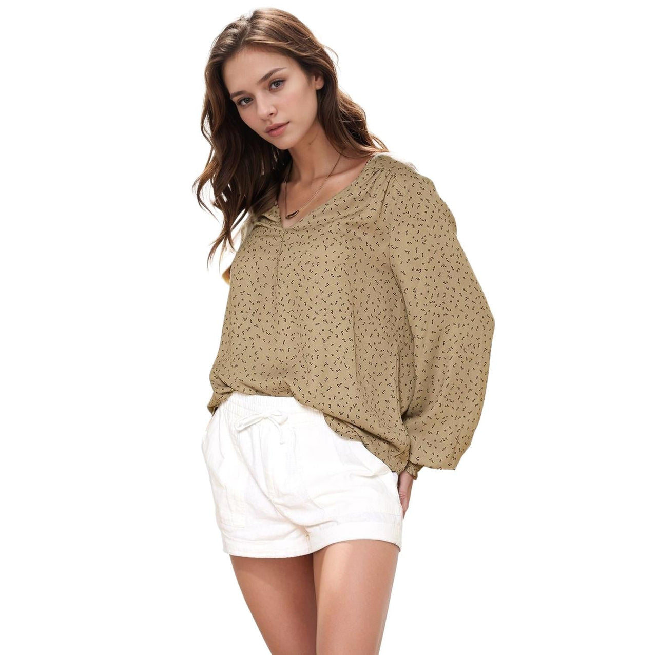 Pleione Printed V-Neck Smock Wrist Blouse in Olive