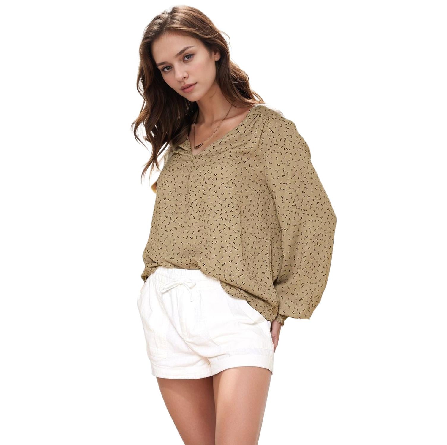 Pleione Printed V-Neck Smock Wrist Blouse in Olive