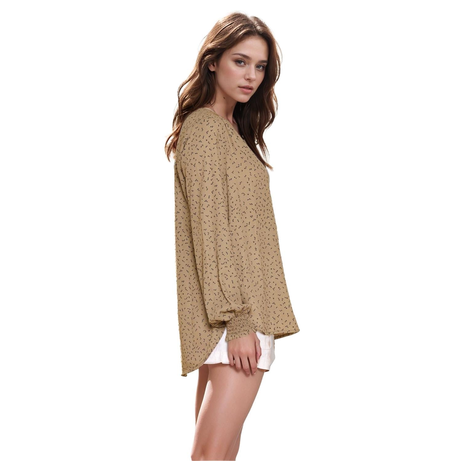 Pleione Printed V-Neck Smock Wrist Blouse in Olive