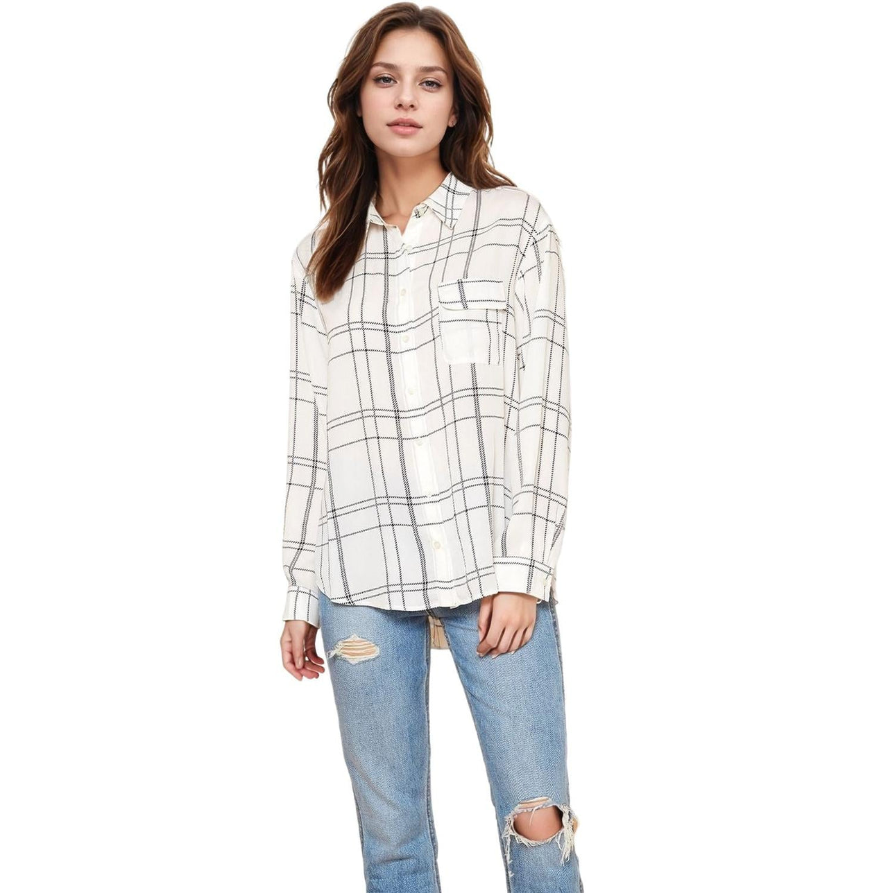 Pleione Printed Low Back Button Shirt in White