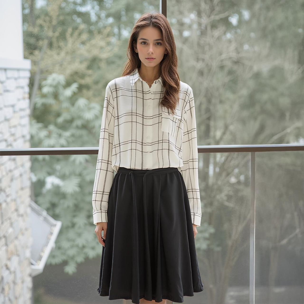 Pleione Printed Low Back Button Shirt in White
