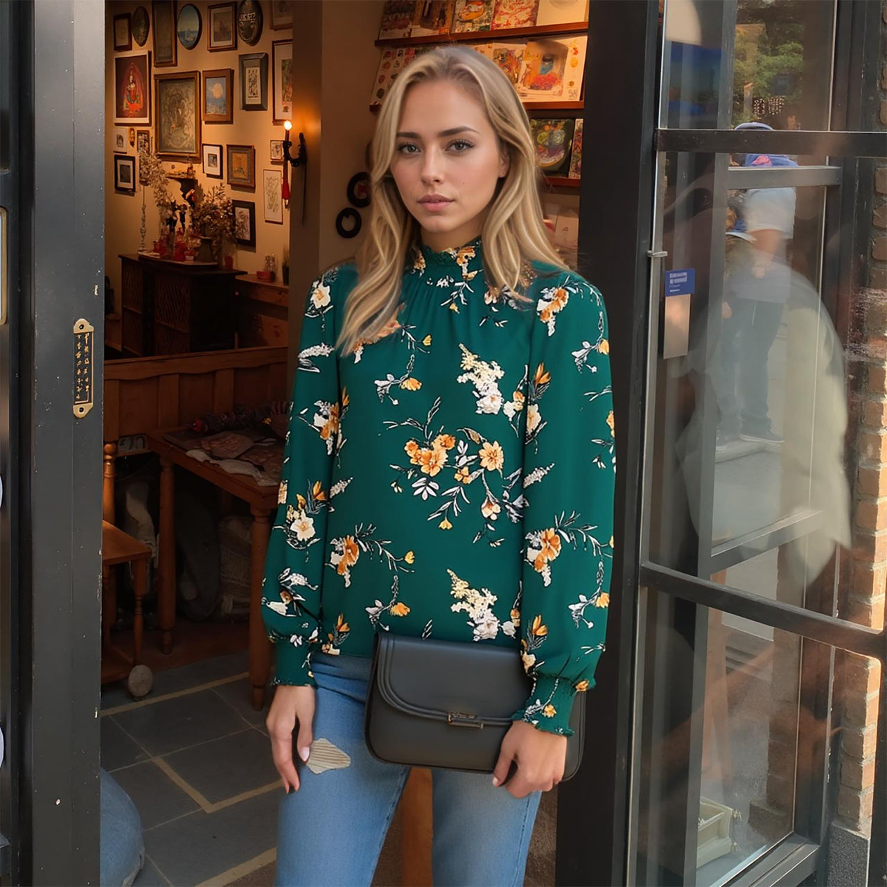 Pleione Women's Smocked Neck Top in Floral Green