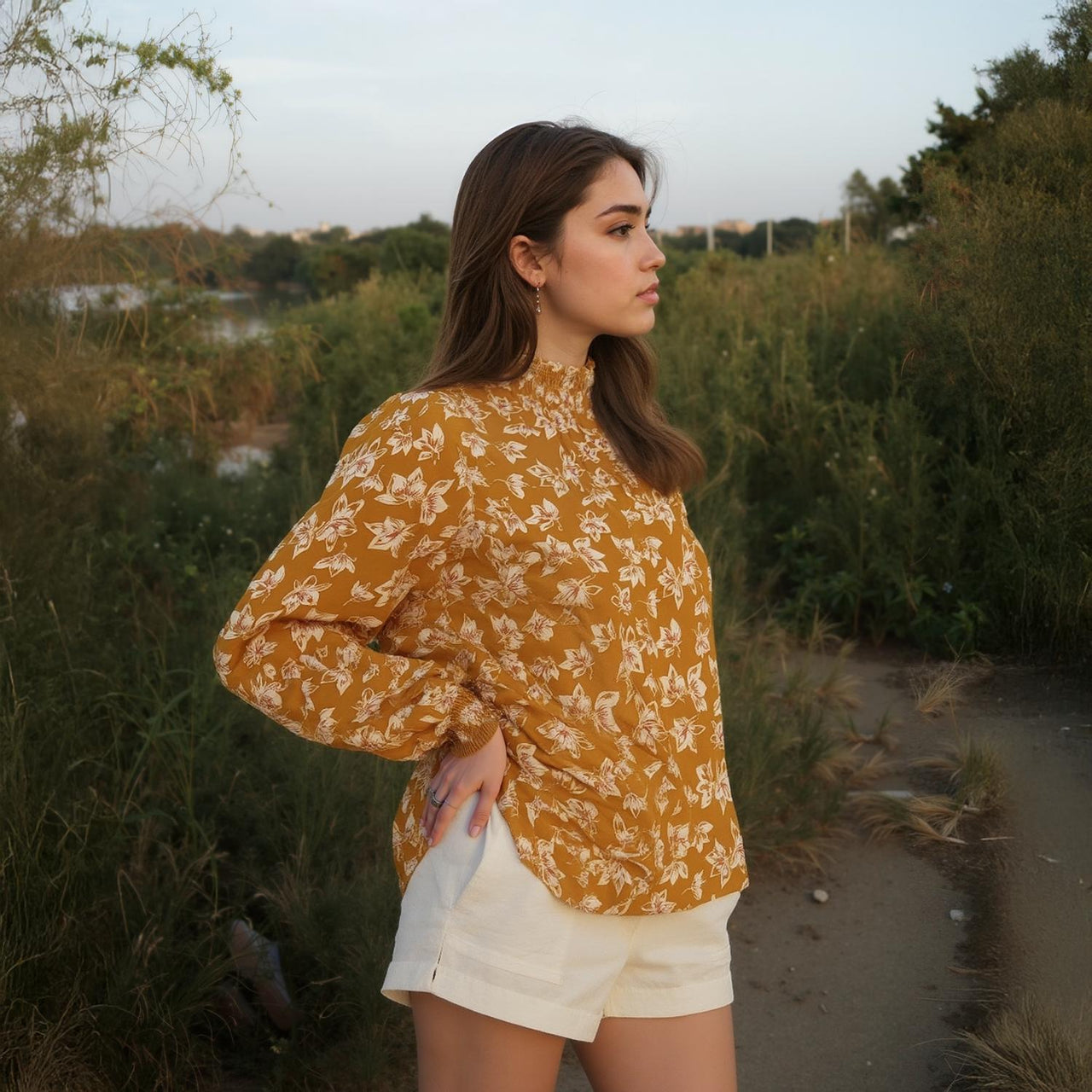 Pleione Women's Smocked Neck Top in Floral Mustard