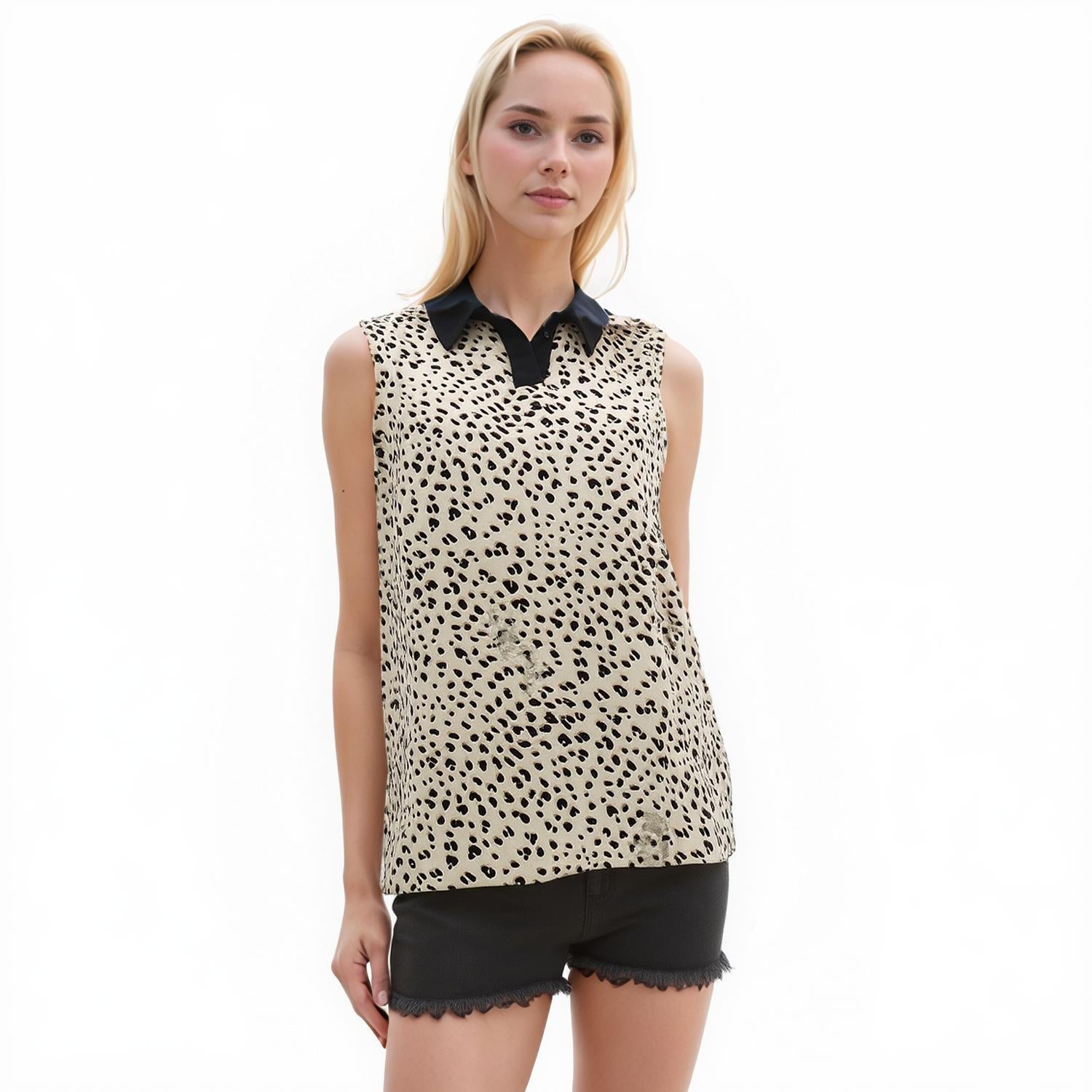 Pleione Contrast Collar Sleeveless Blouse