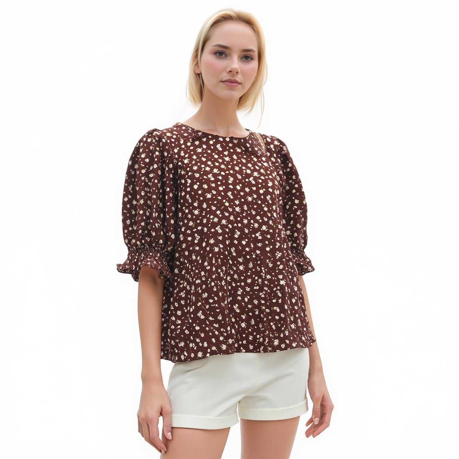 Pleione Ruched Round Neck Blouse