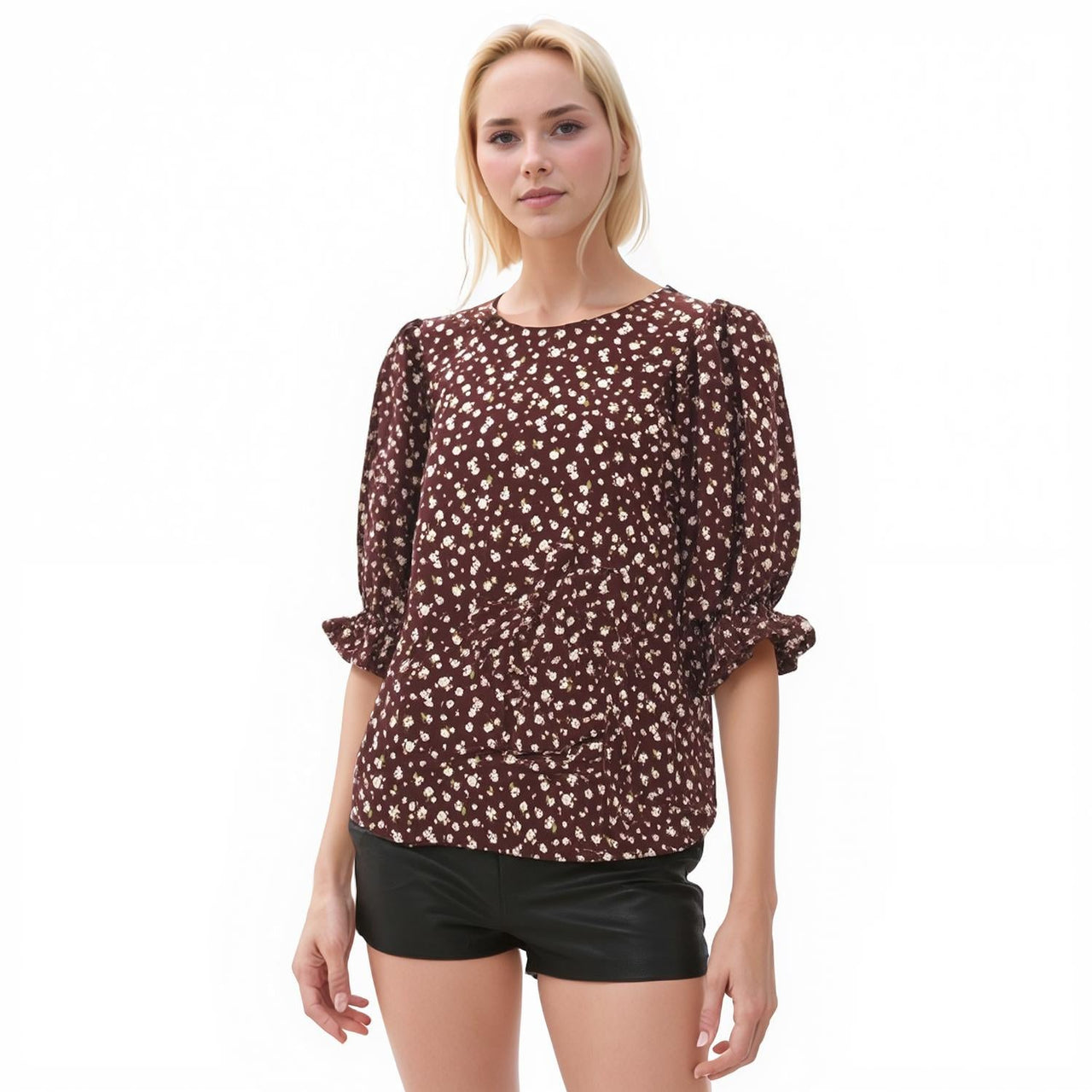 Pleione Ruched Round Neck Blouse