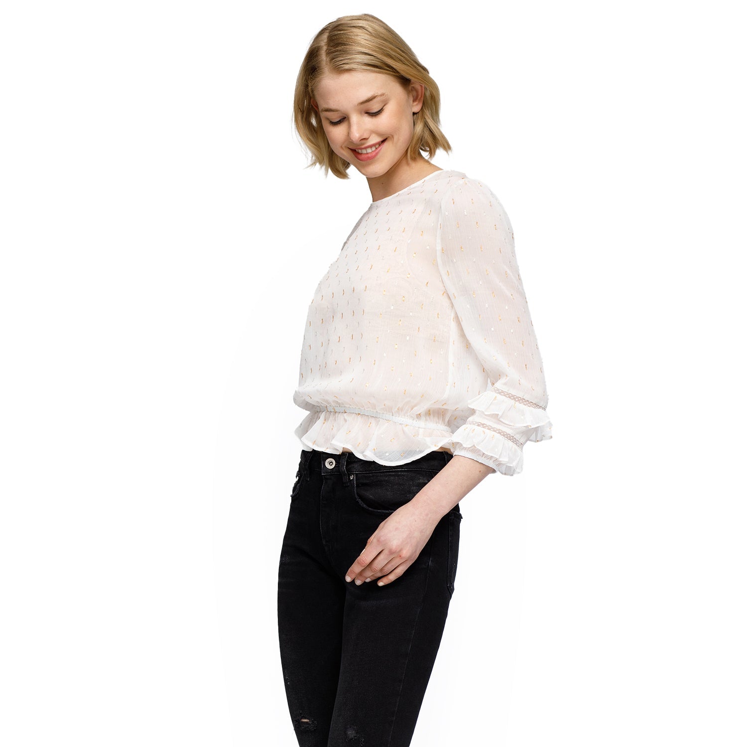 Women's Lace Inset Ruffle Blouse In White