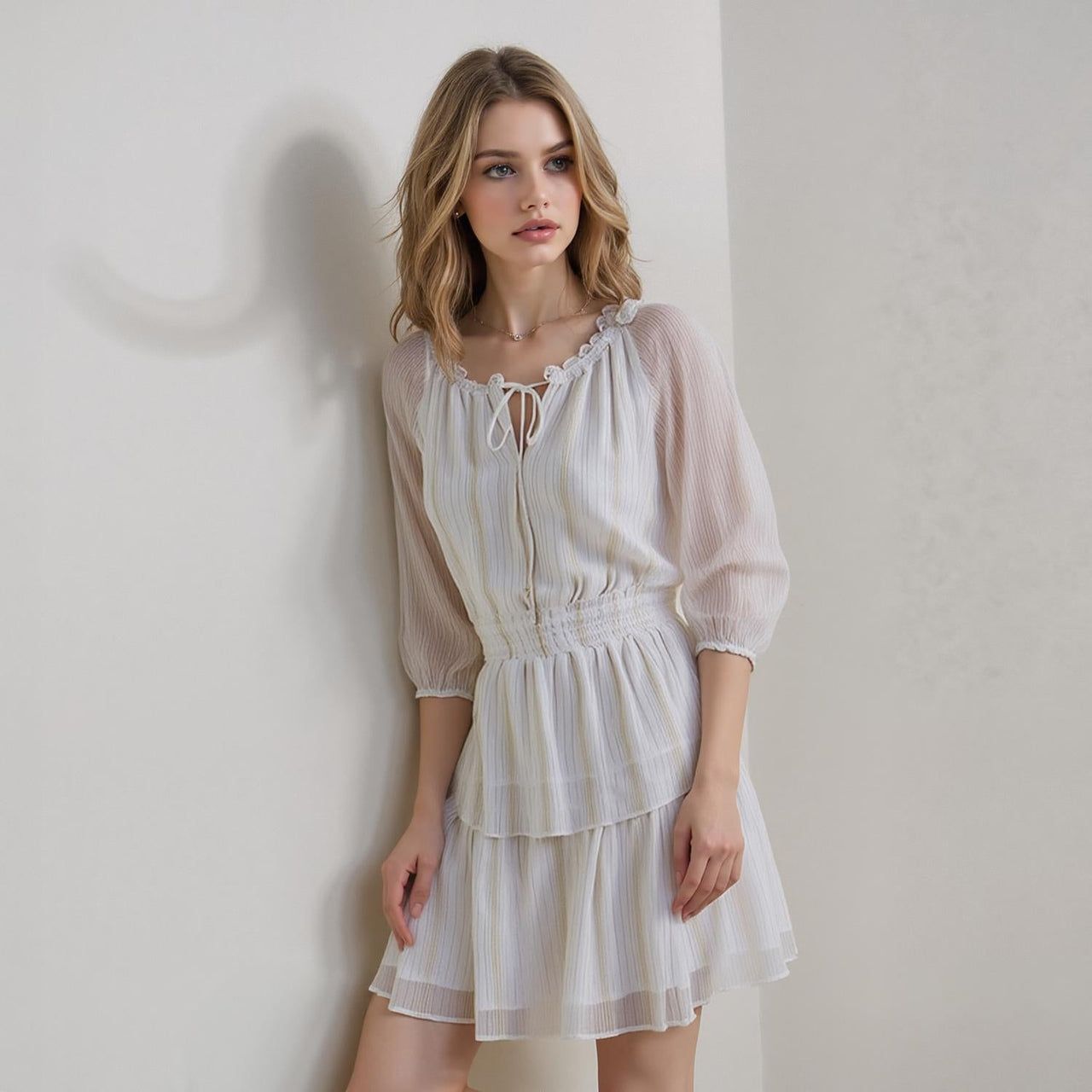 Pleione Long Sleeve Smocked Cinched Waist Dress