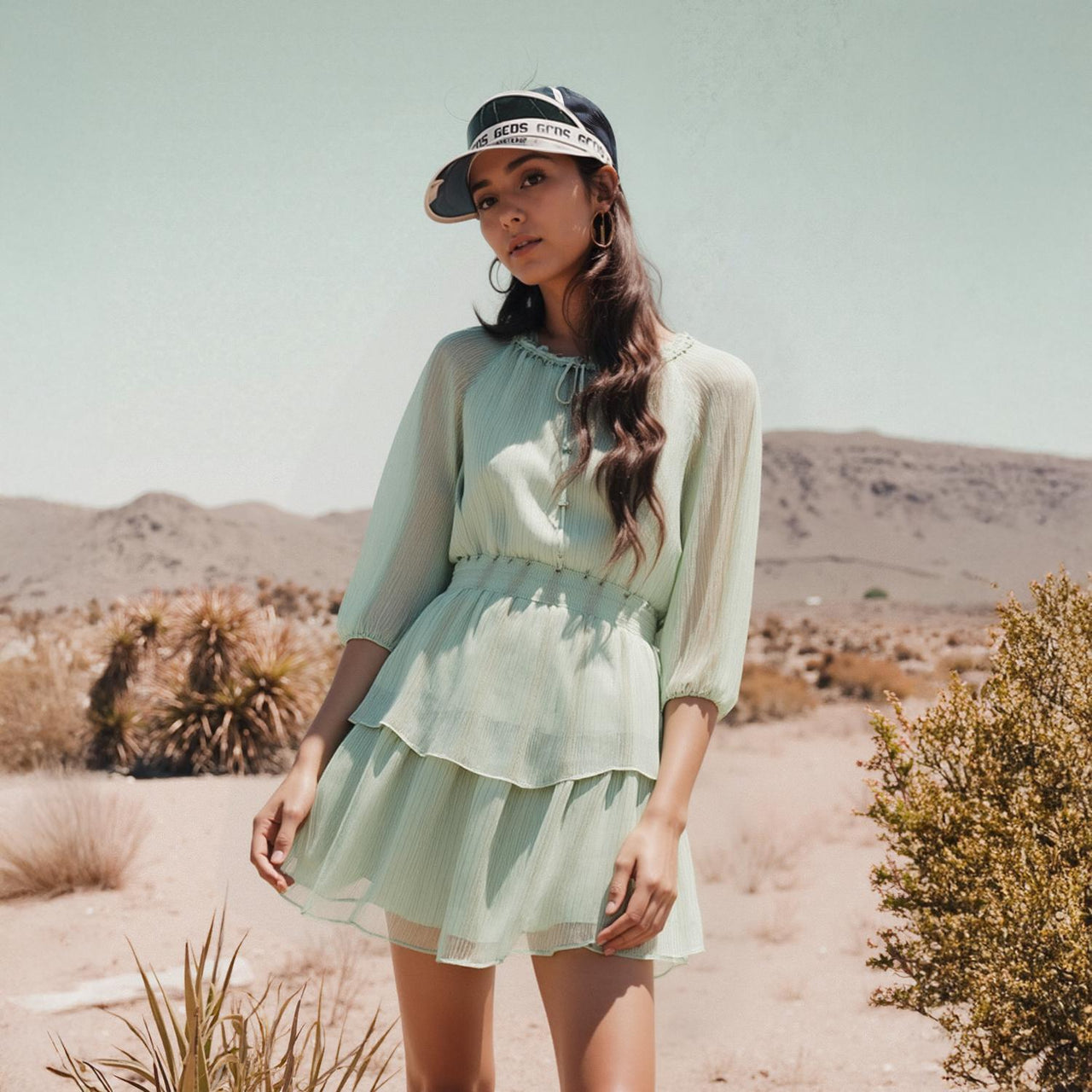 Pleione Long Sleeve Smocked Cinched Waist Dress