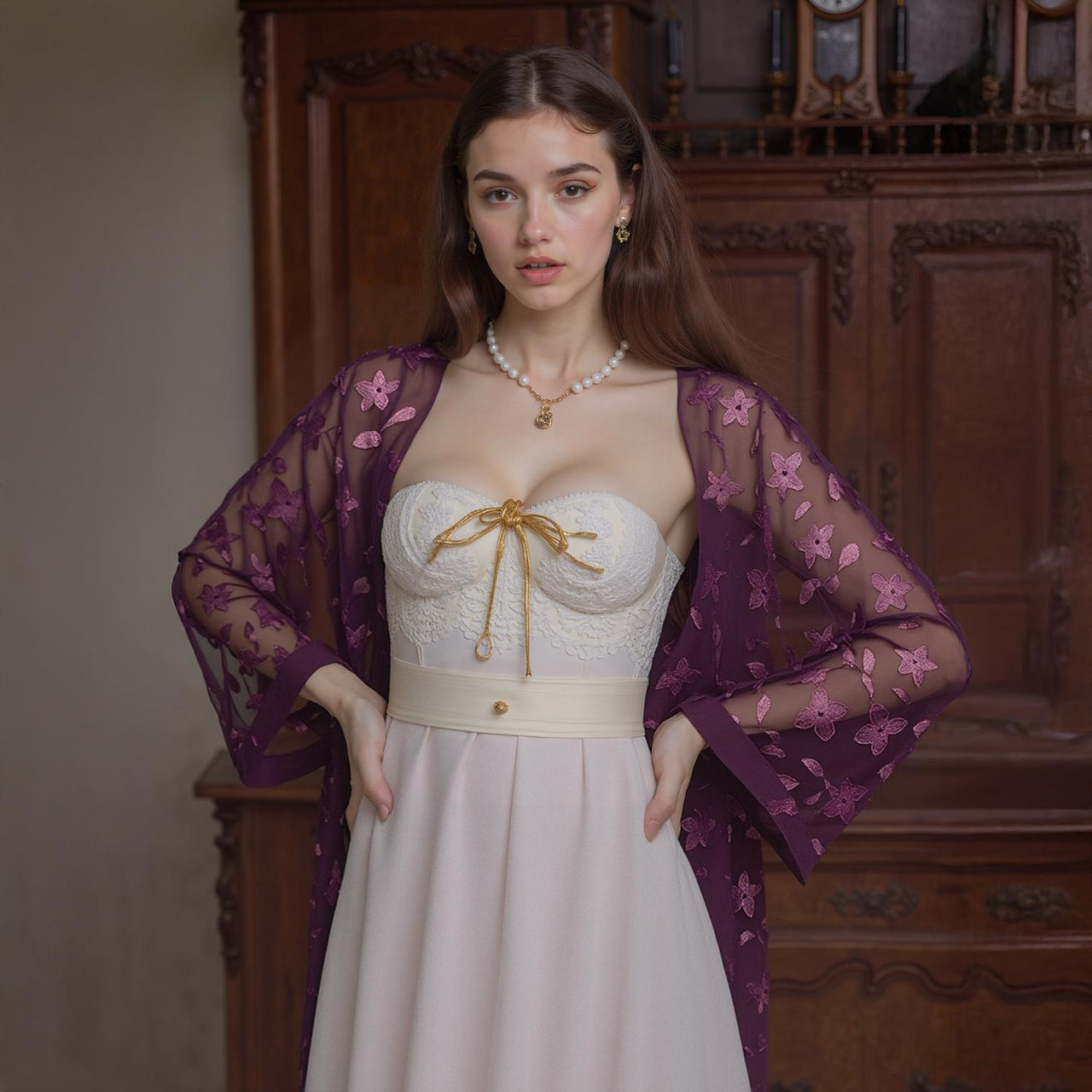 Pleione Women's Sheer Floral Embossed Robe Cardigan in Wine