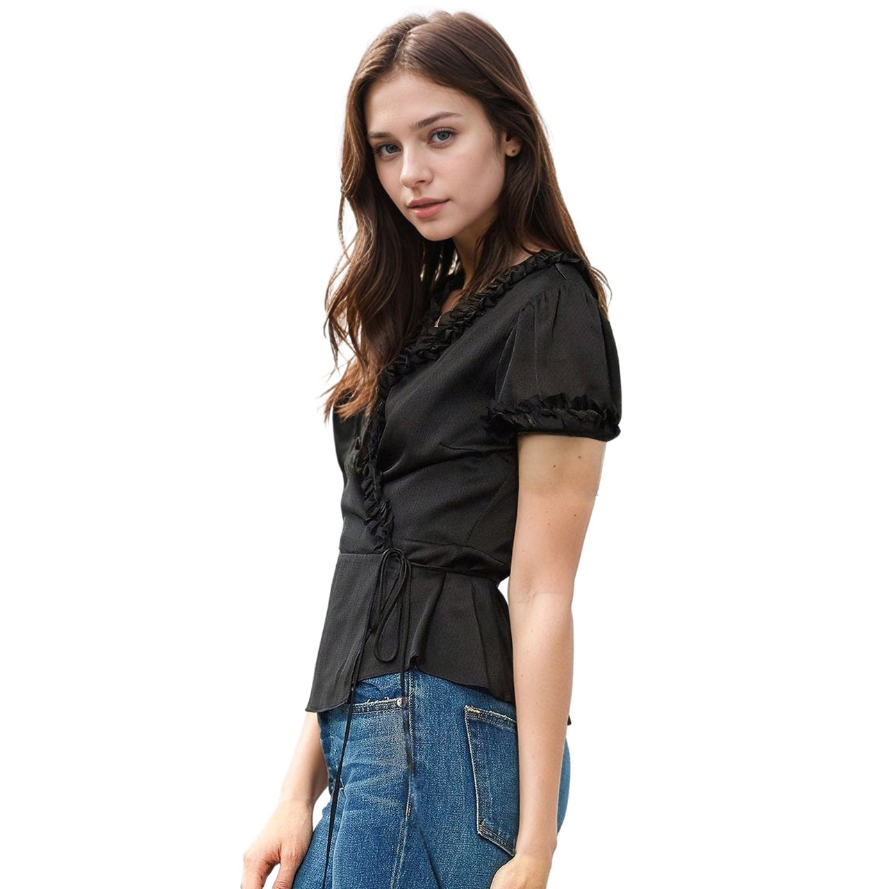 Women's Ruffle Trim Wrap Blouse In Black