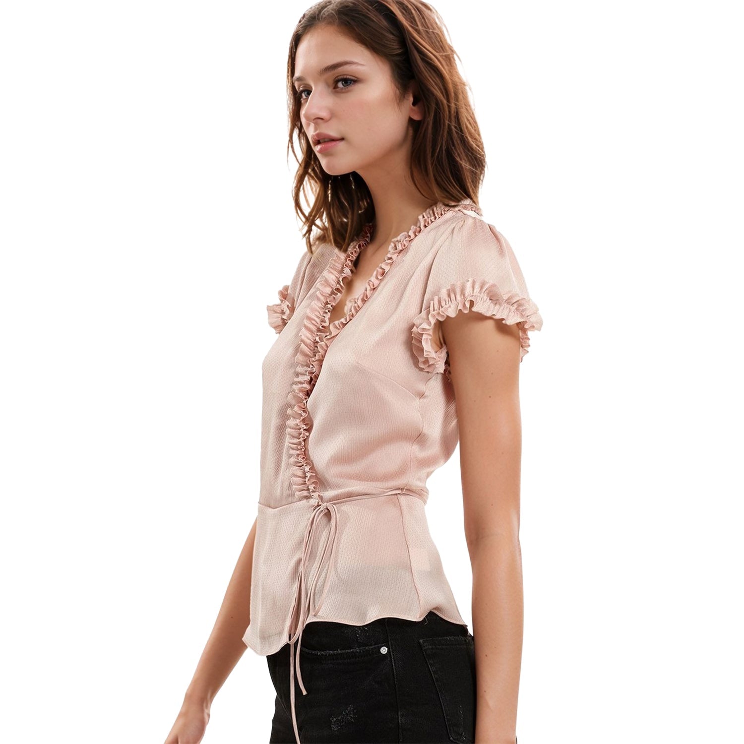 Women's Ruffle Trim Wrap Blouse In Mauve
