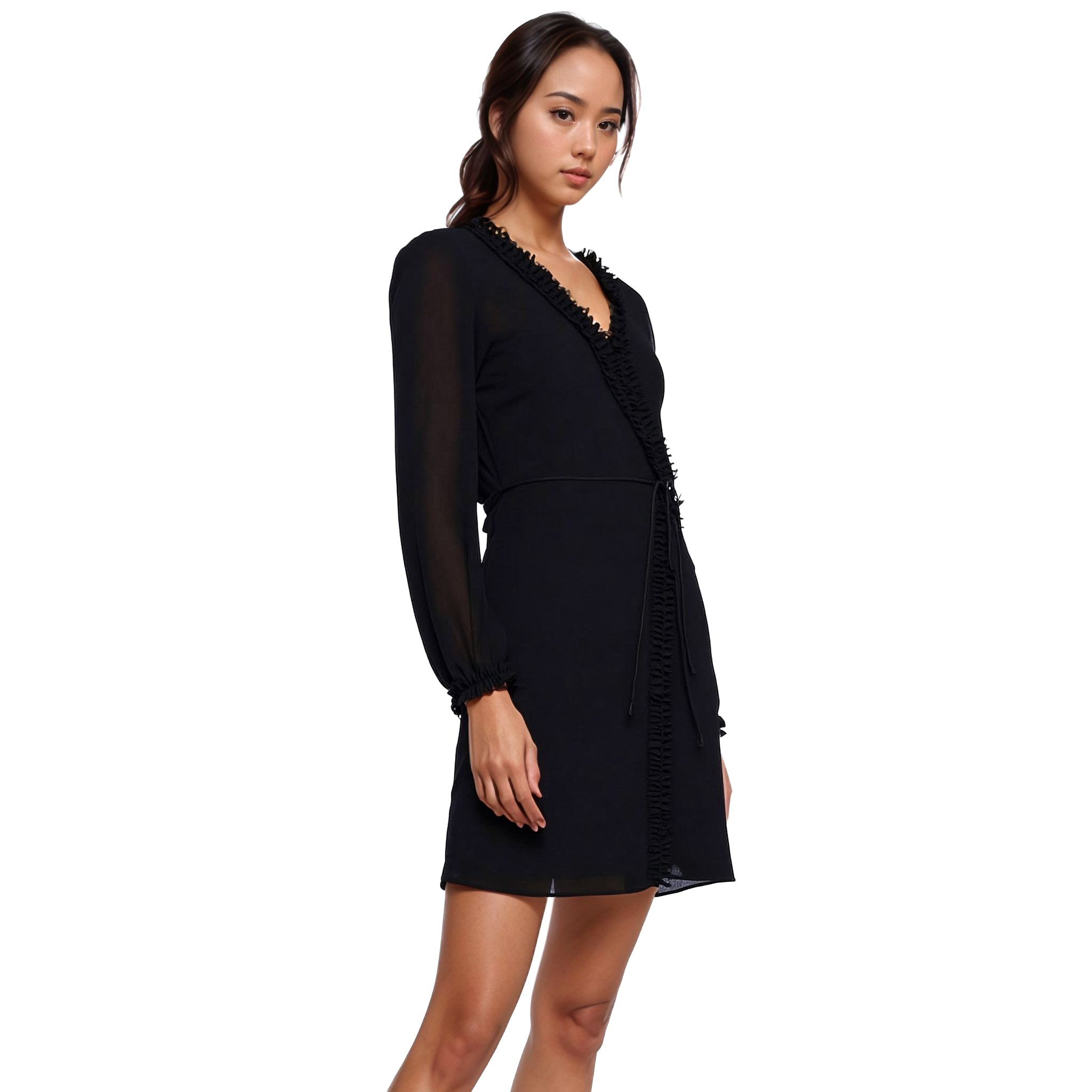 Women's Ruffle Trim Long Sleeve Wrap Dress in Black