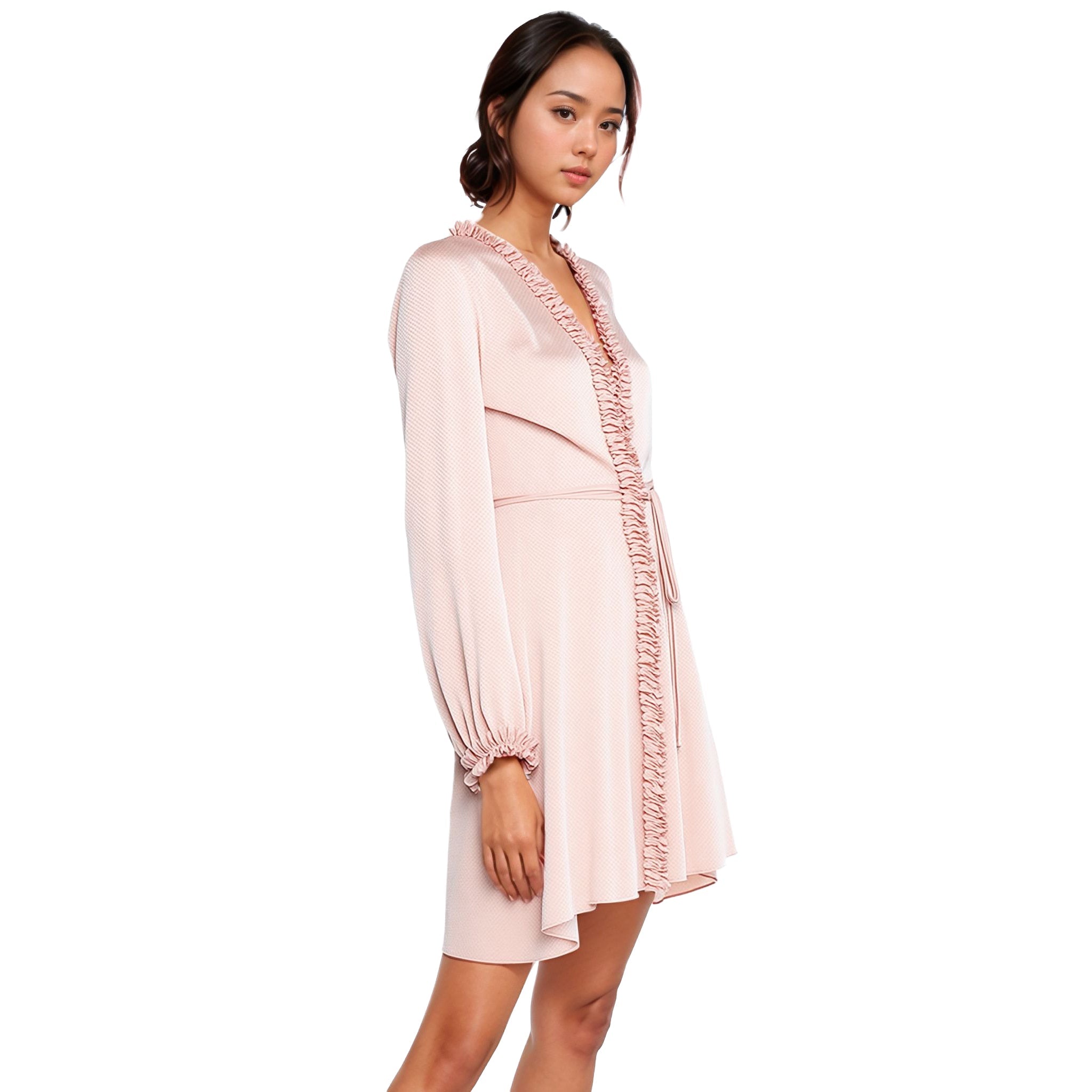 Women's Ruffle Trim Long Sleeve Wrap Dress in Mauve