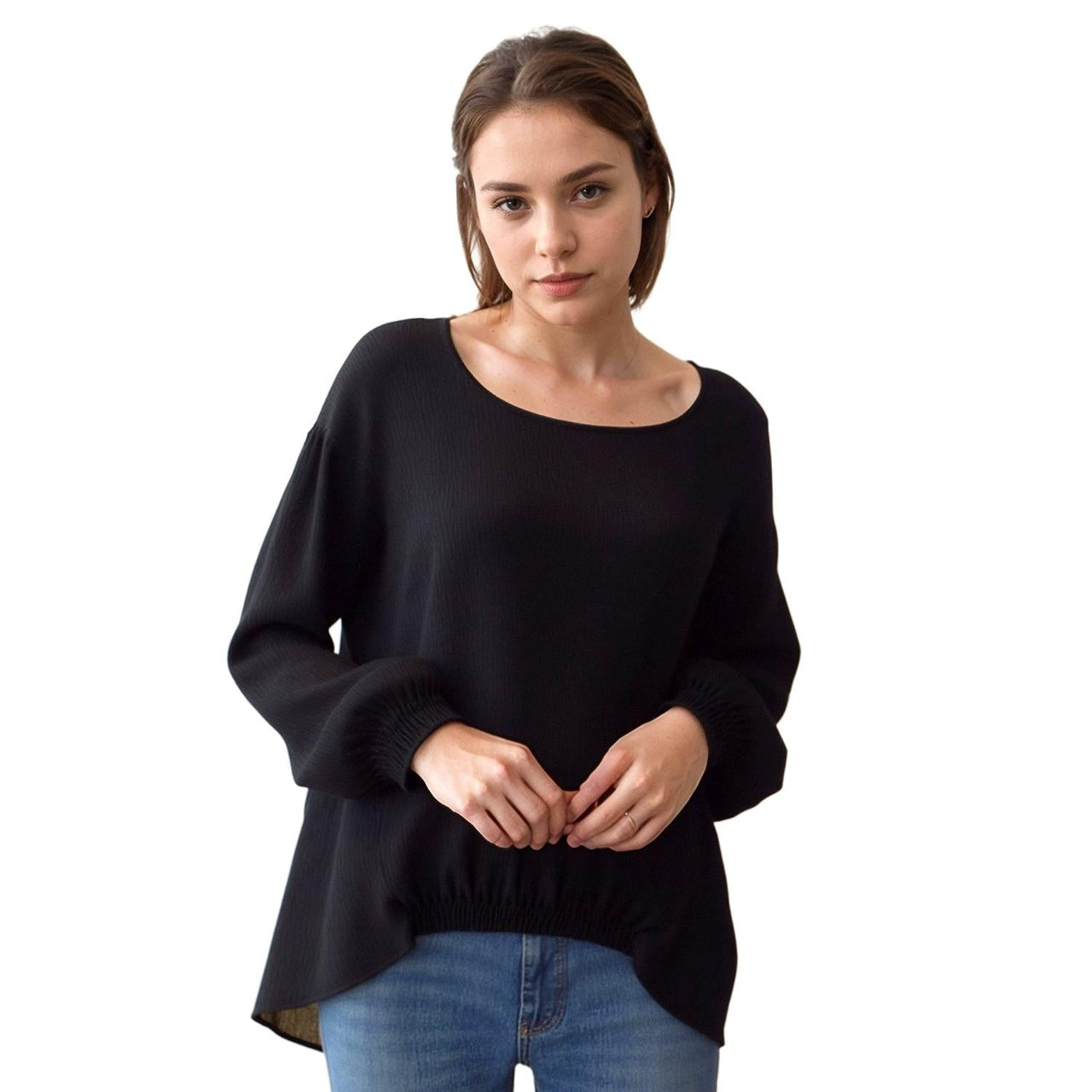 Pleione Women's Hi-lo Elastic Banded Hem Top in Black