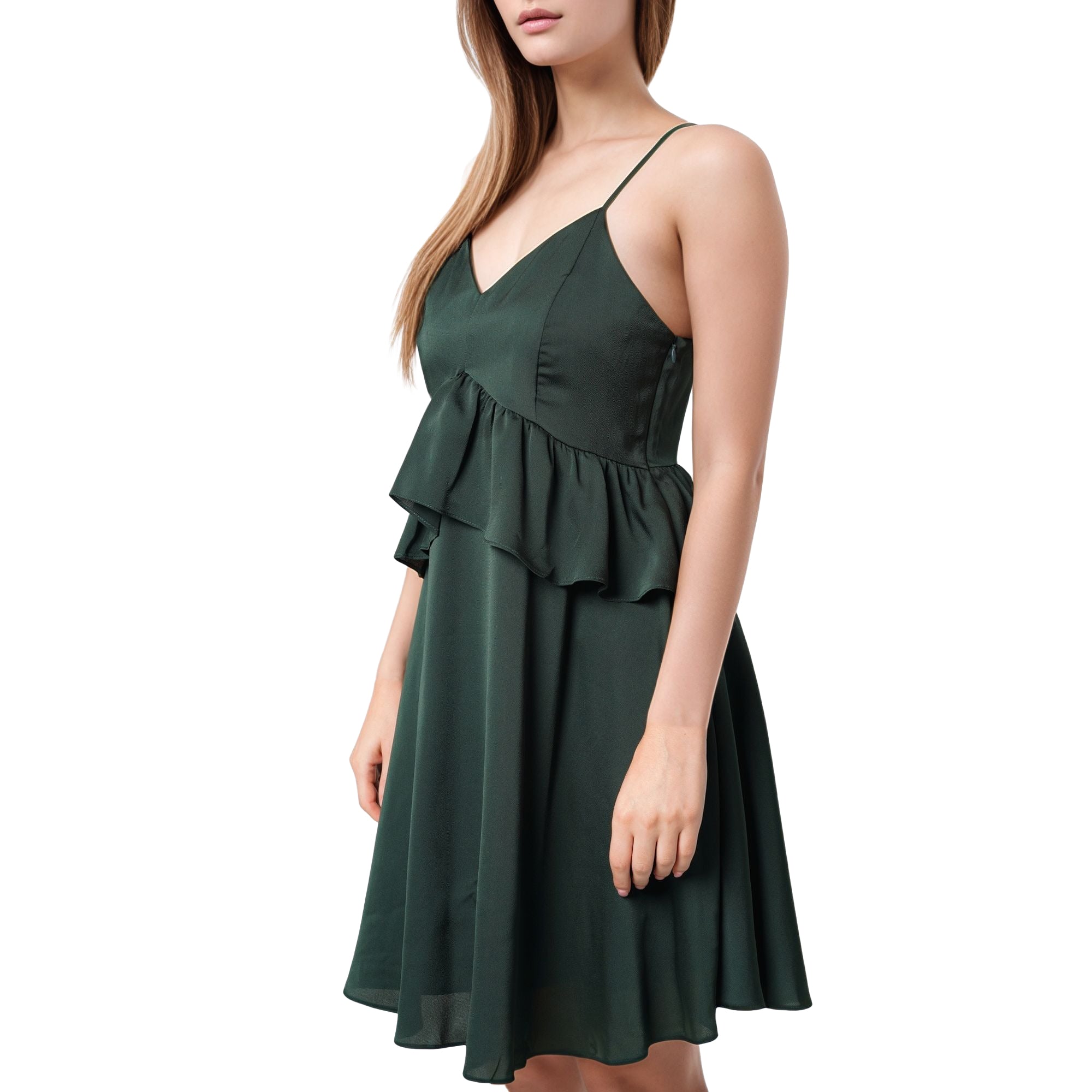 Women's Deep V-neck Ruffle Baby Doll Dress In Hunter Green