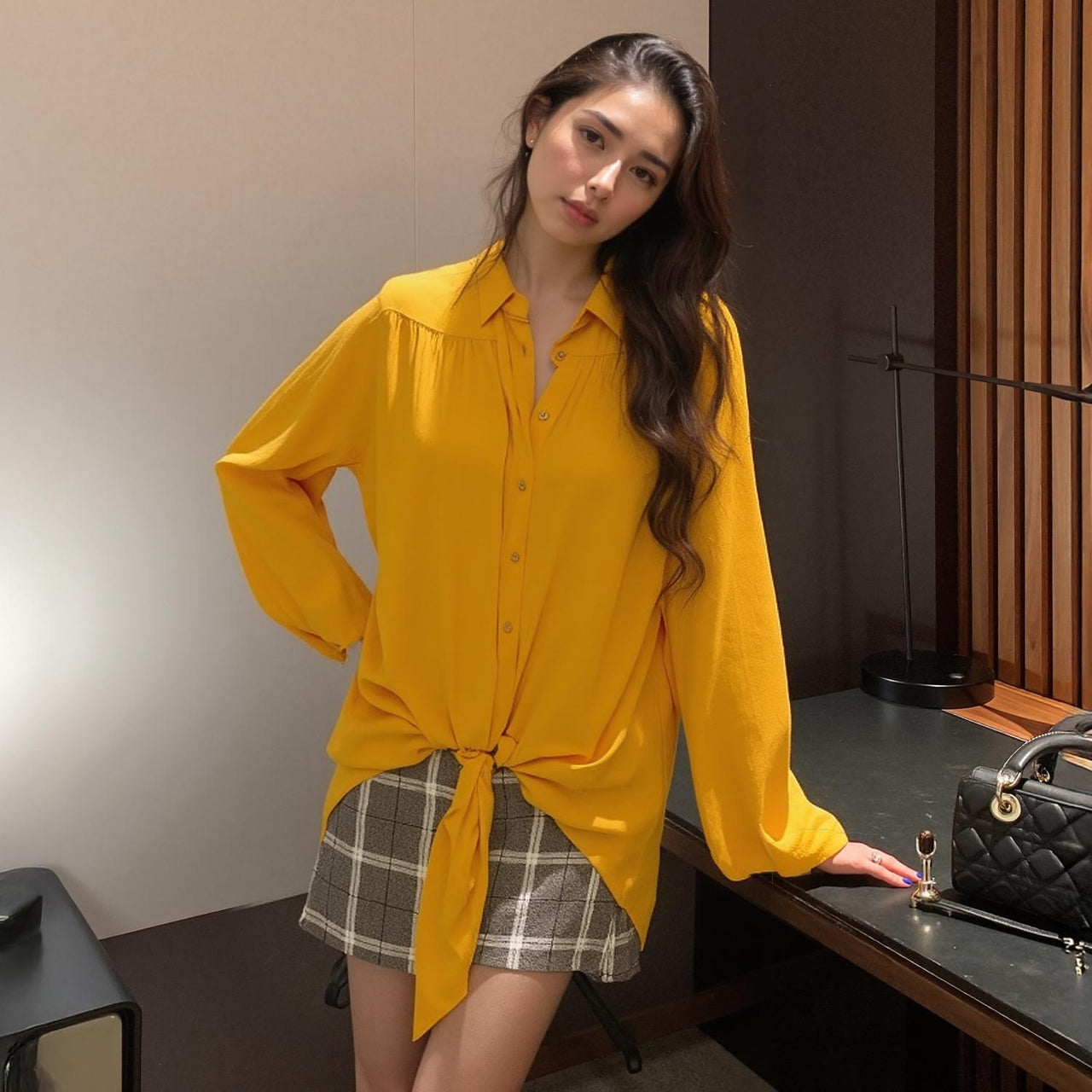 Pleione Women's Pleated Tie Hem Button Down Blouse