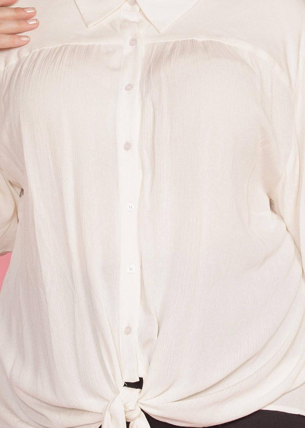 Pleione Plus Size Pleated Tie Hem Button Down Blouse in Ivory