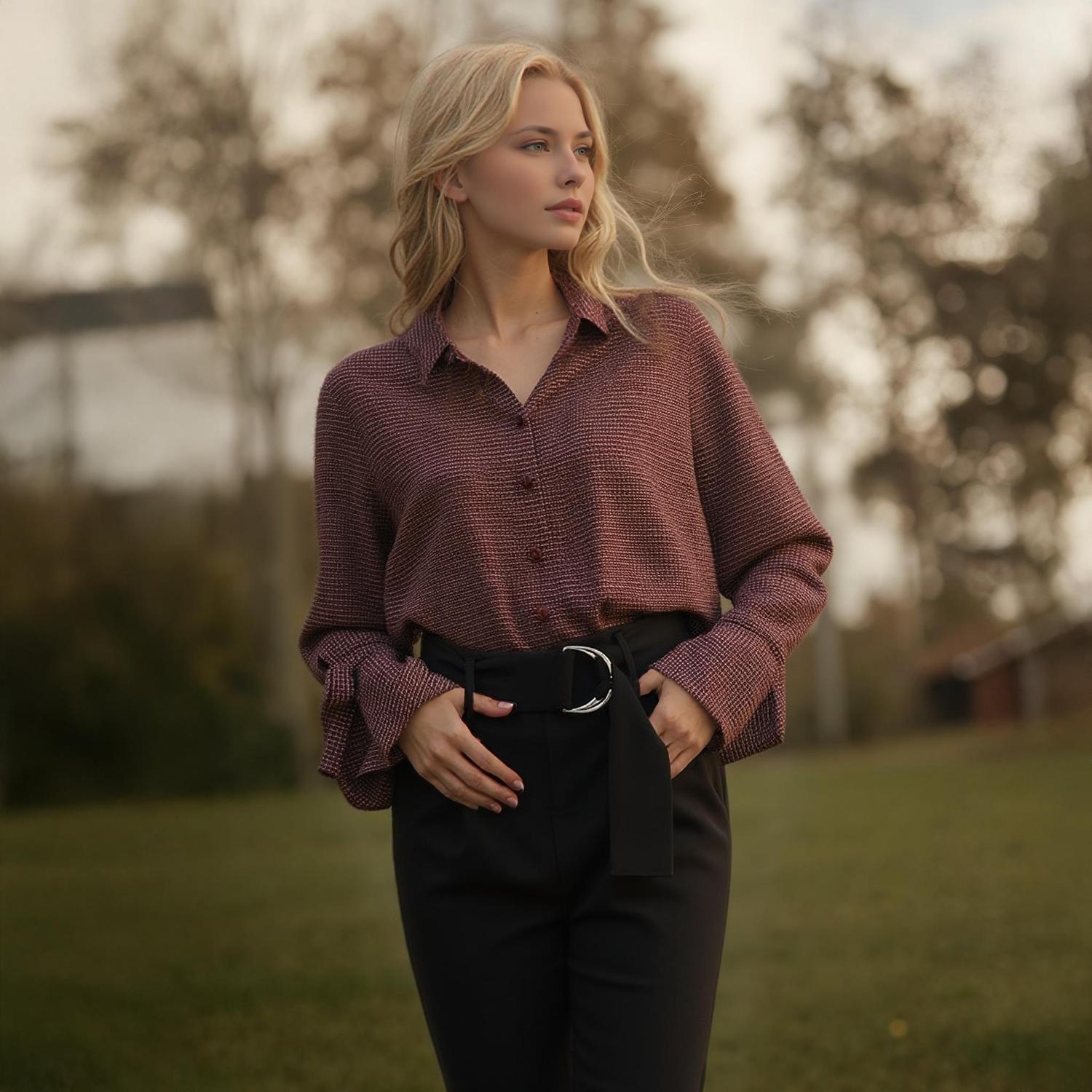 Pleione Women's Bell Cuff Button Down Shirt Blouse in Wallpaper