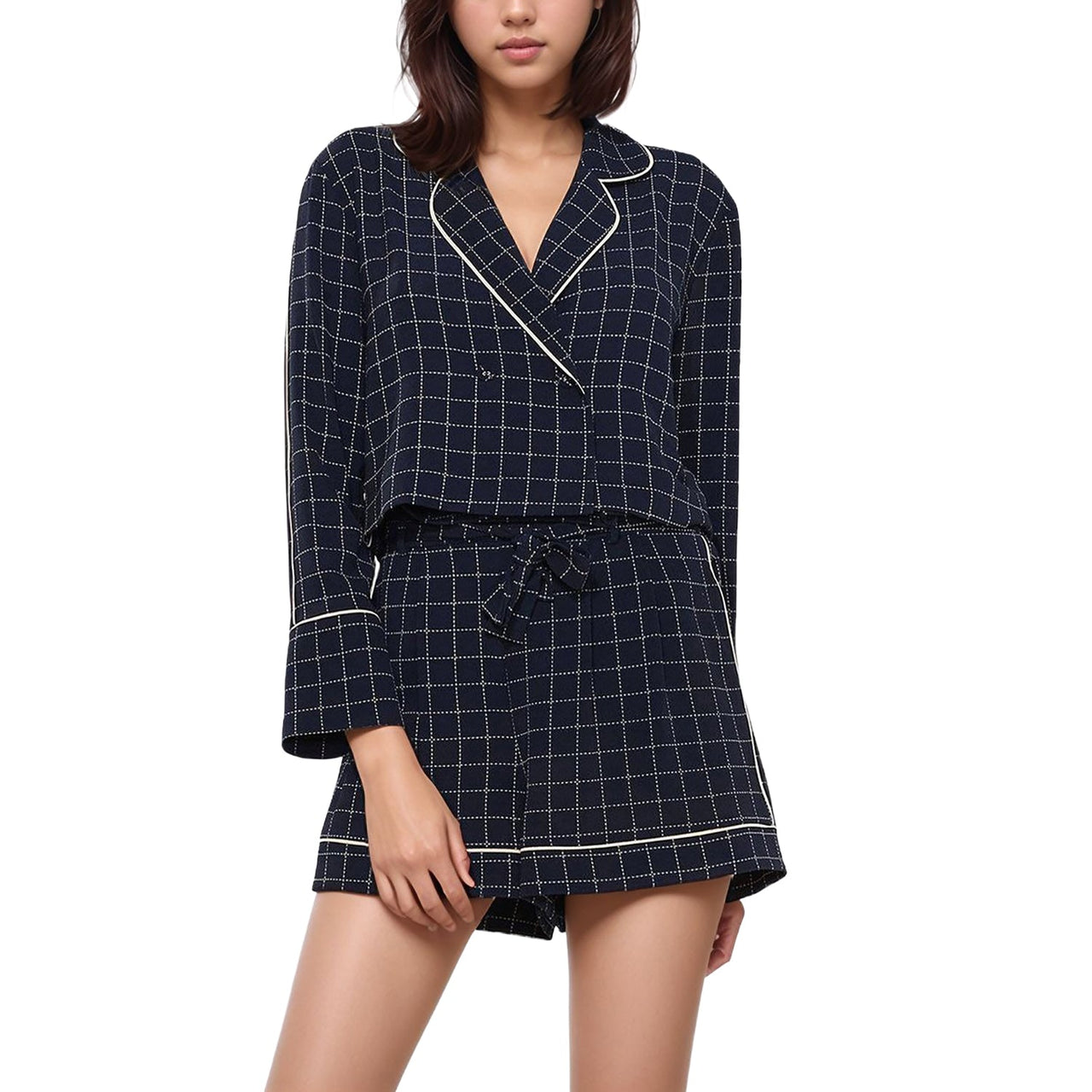 Women's Grid Print Blouse in Navy Plaid