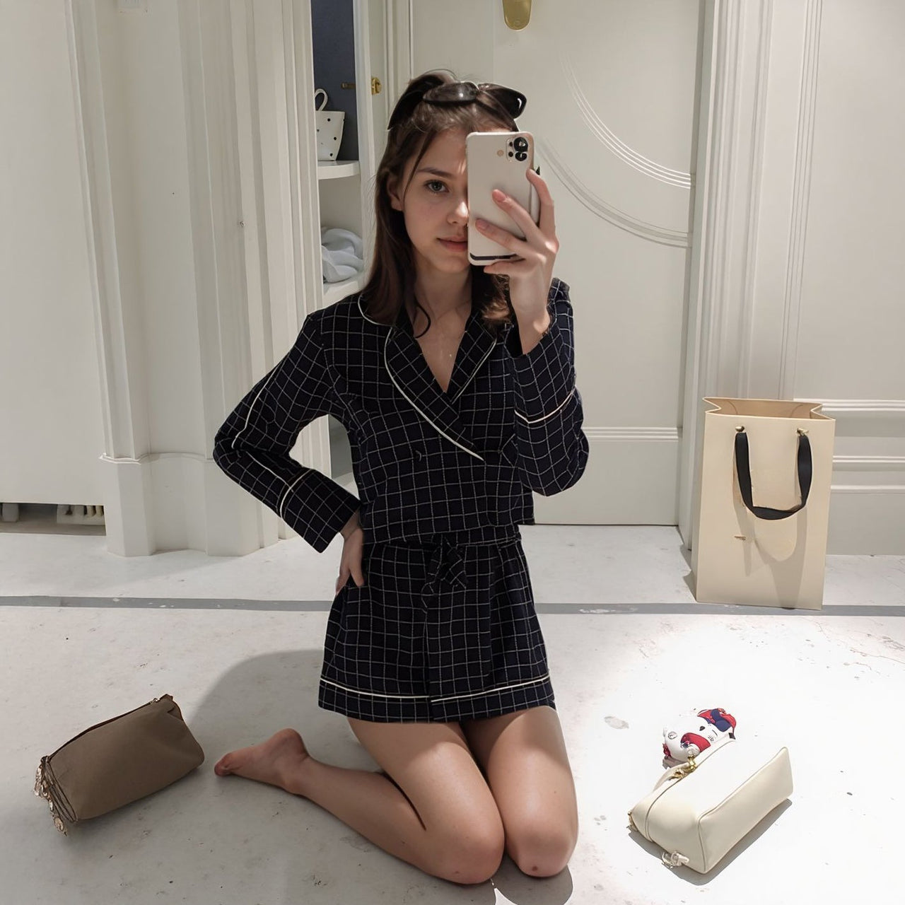 Women's Grid Print Blouse in Navy Plaid