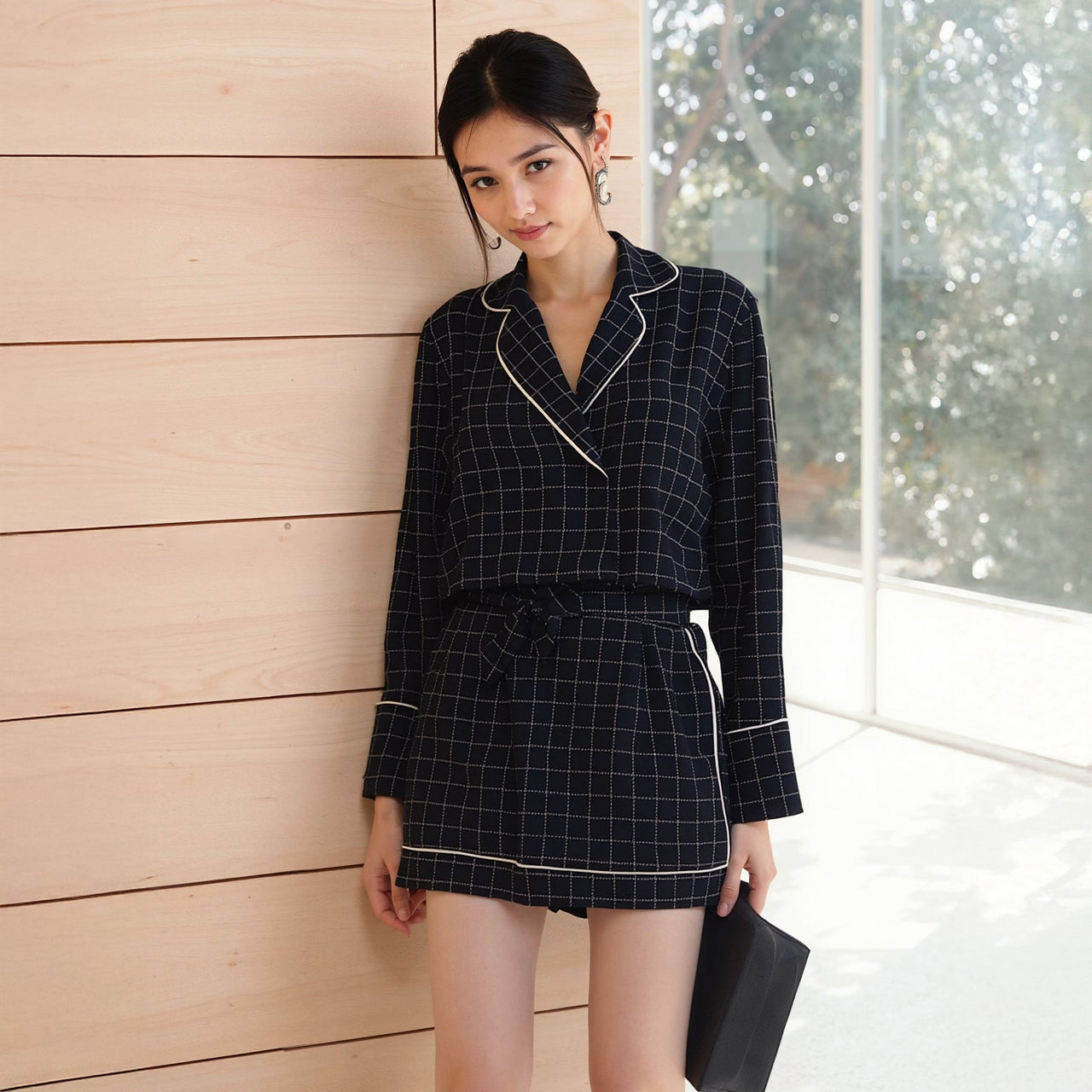 Women's Grid Print High Shorts in Navy Plaid
