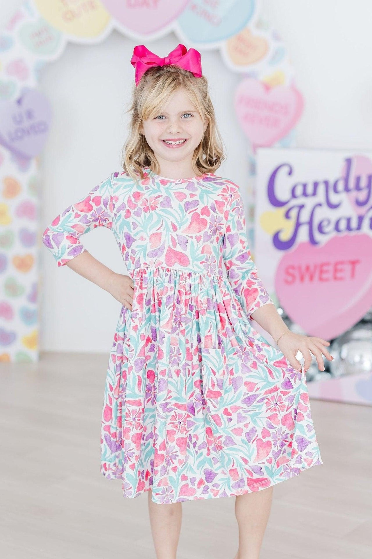 Watercolor Hearts 3/4 Sleeve Pocket Twirl Dress